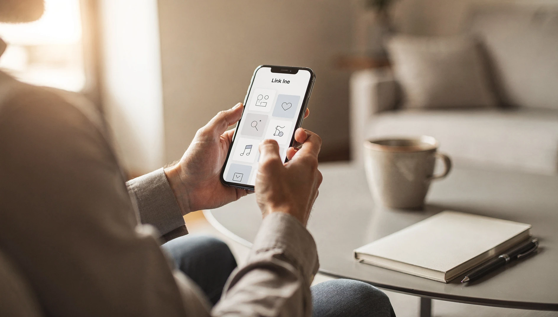 A person reviewing a mobile link page on their phone in a bright modern setting with natural light