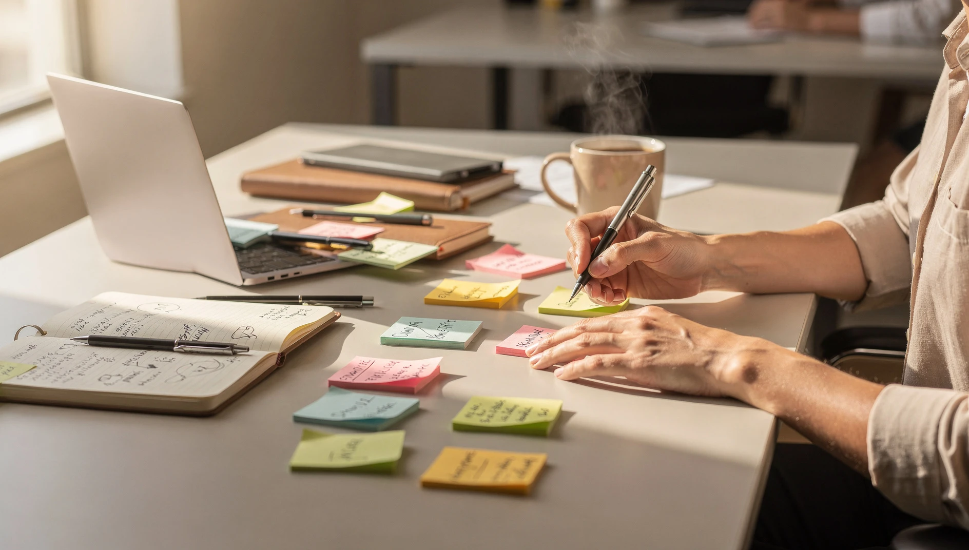 A person writing ideas on sticky notes at a bright modern desk with notebooks and coffee in natural light