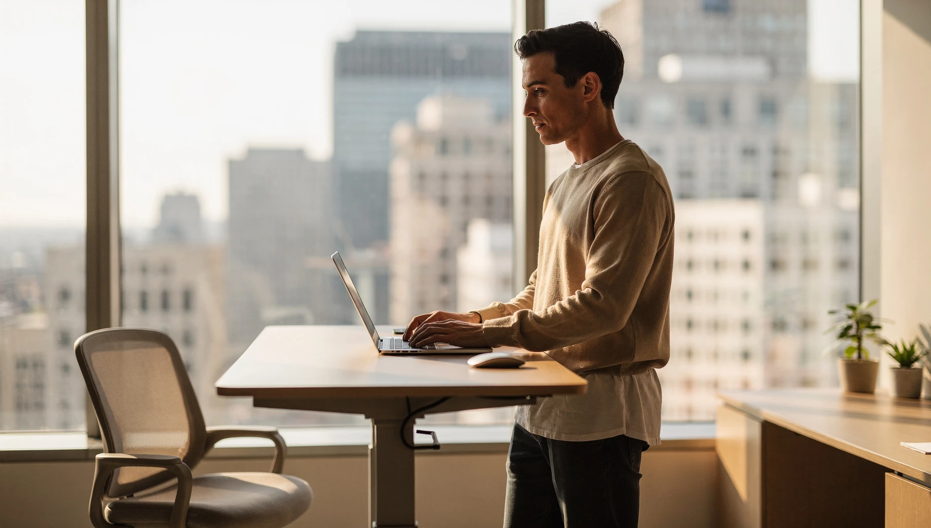 A professional at a standing desk with a laptop and city view through large windows in a modern office