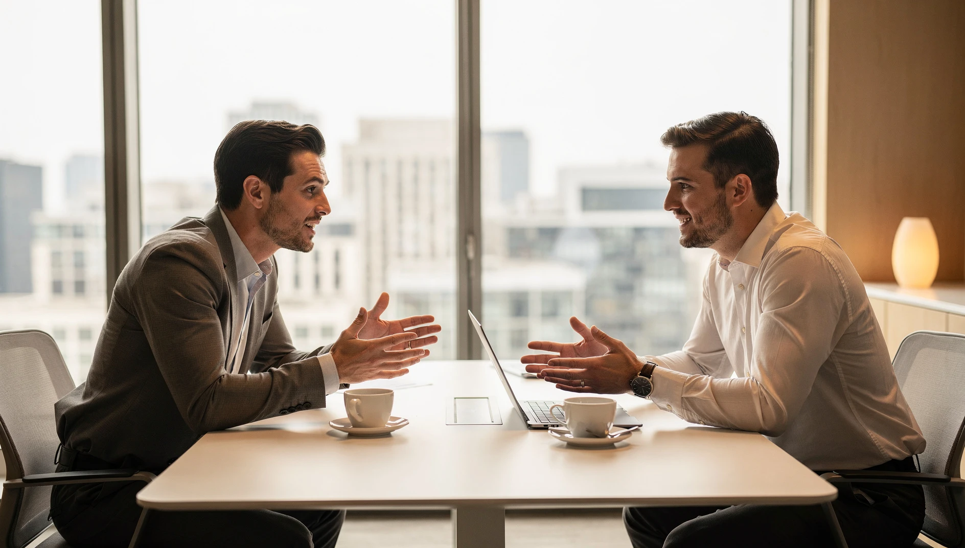 Two professionals having an engaged business meeting over coffee at a modern office table in natural light