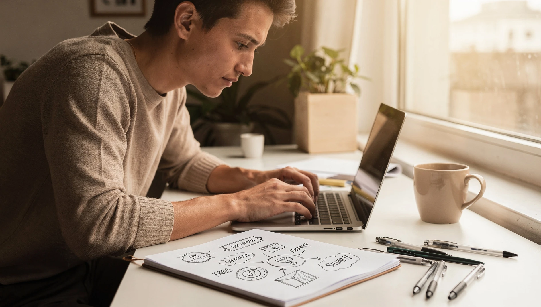 A person typing on a laptop with focused expression in a bright creative workspace with handwritten notes nearby