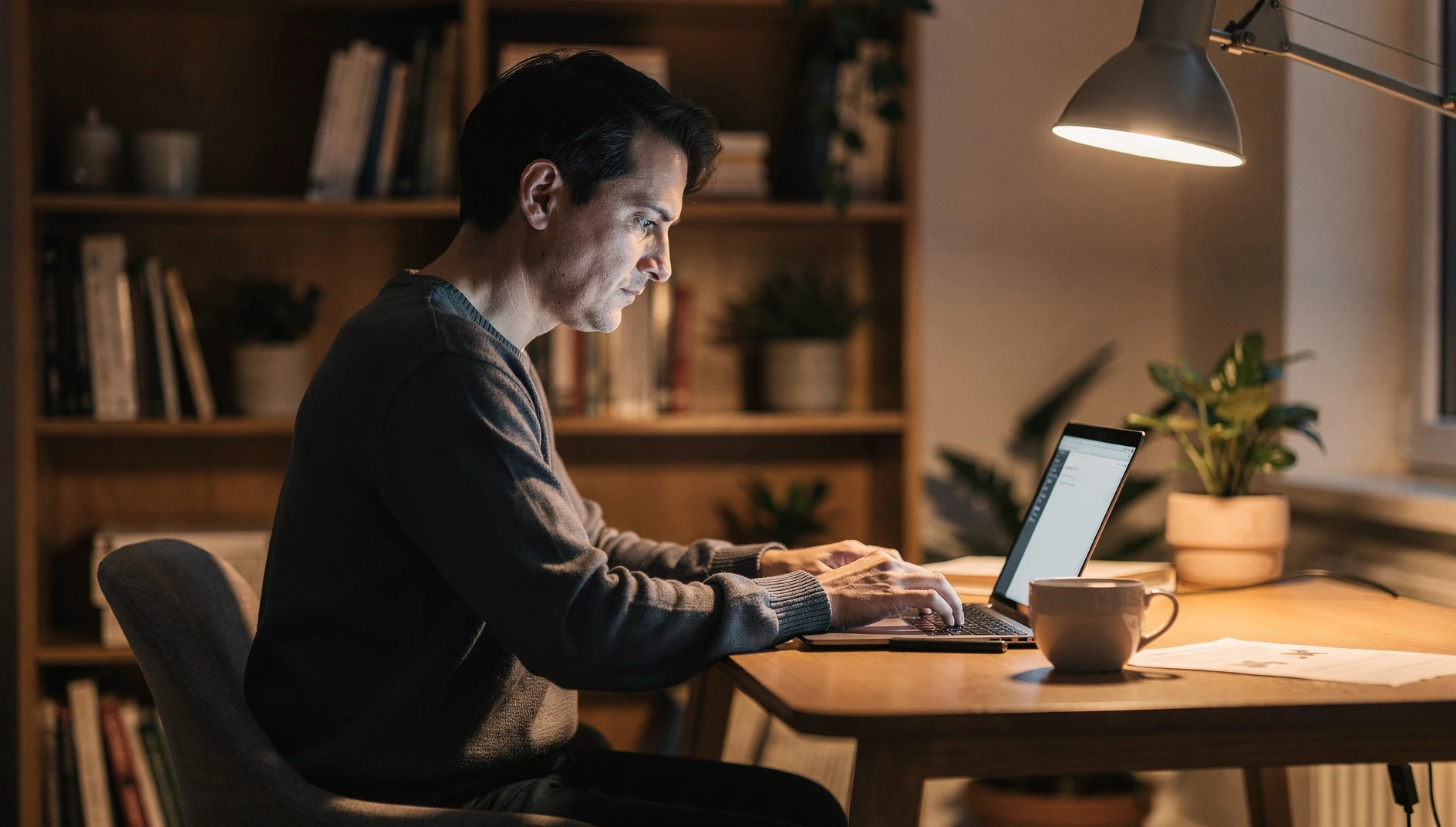 A professional writing on a laptop in a cozy home office with warm lamp light and a bookshelf in the background
