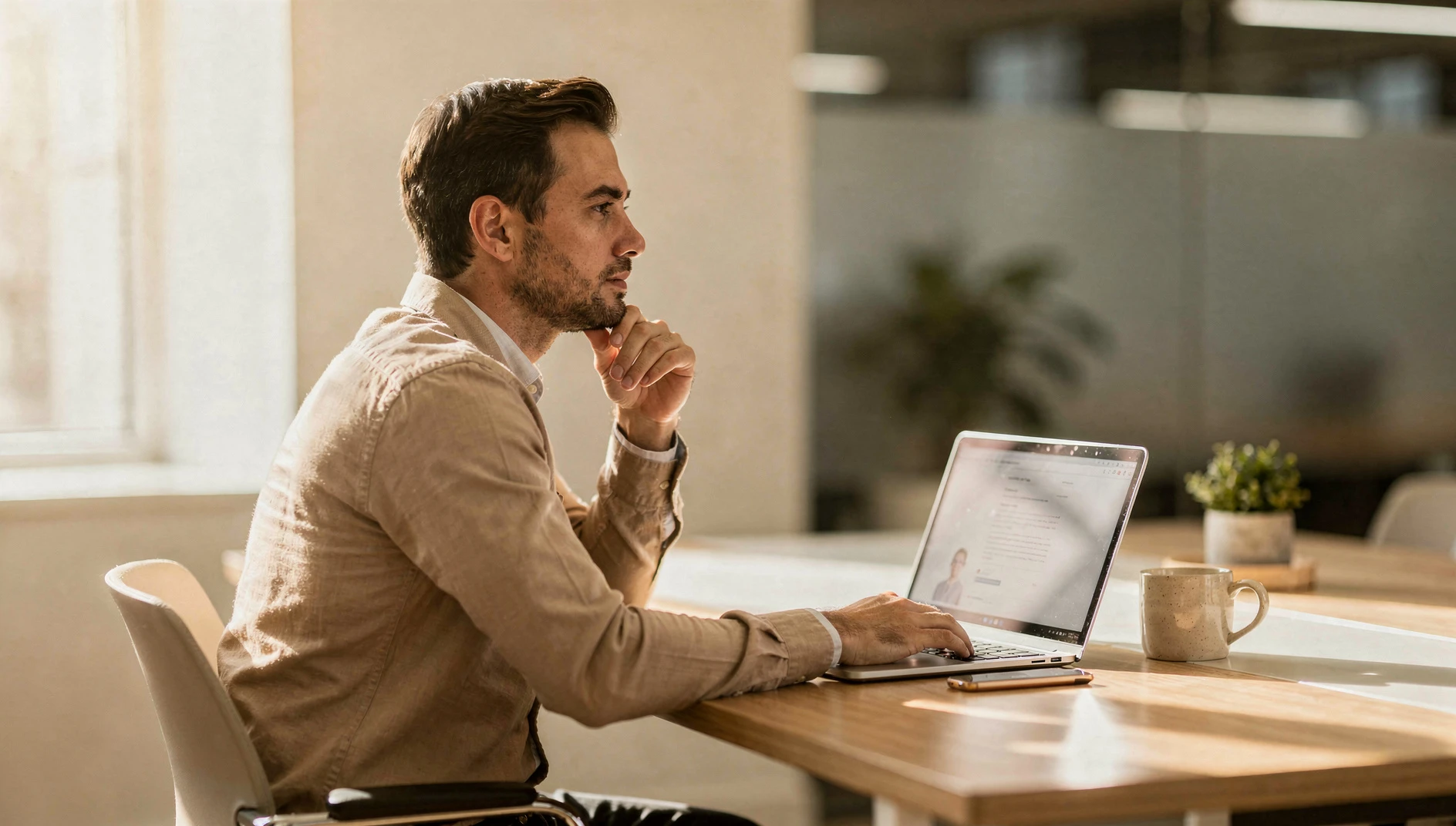 A professional reviewing their online profile on a laptop at a clean bright desk