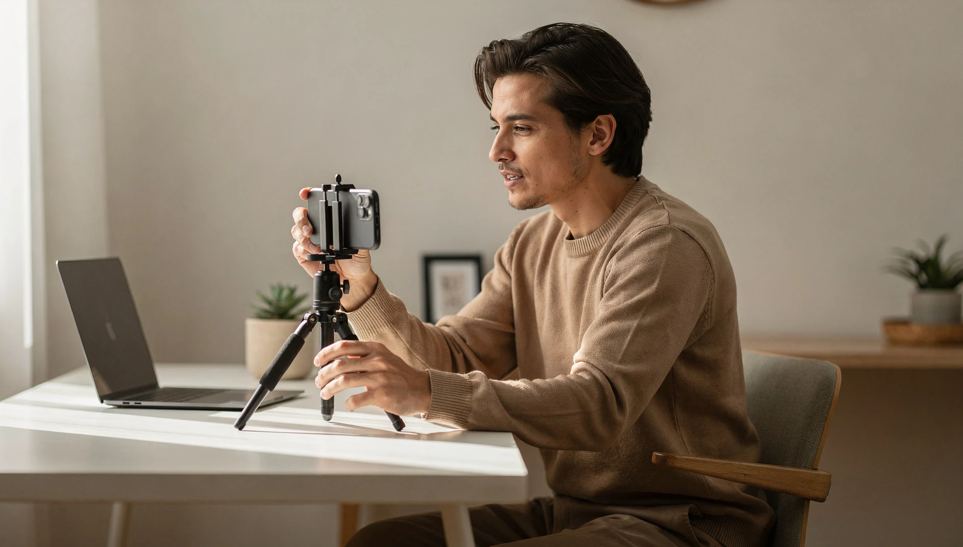 A person filming themselves with a phone on a tripod at a tidy desk in natural window light