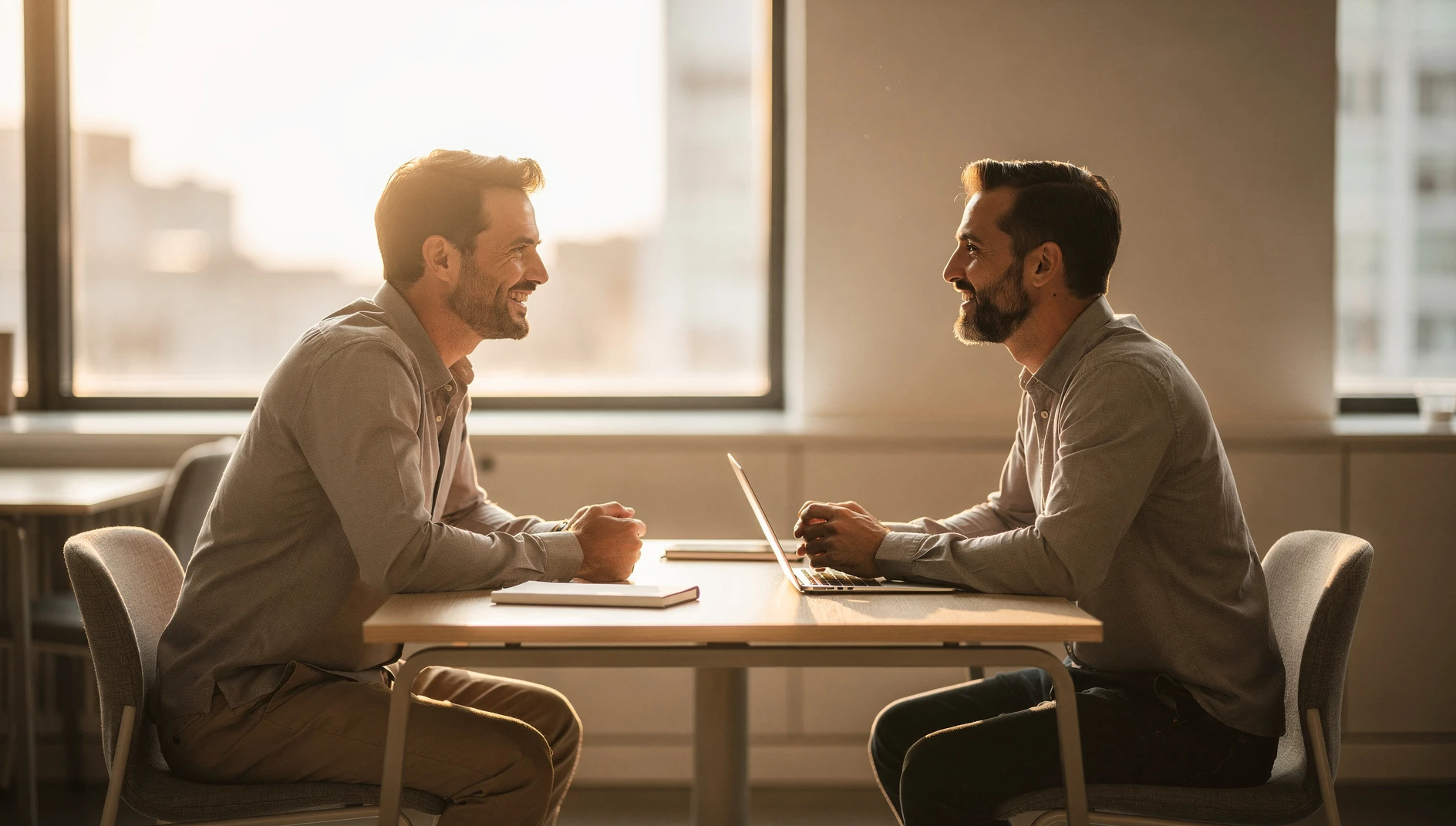 A coach having a genuine relaxed conversation at a bright modern workspace with late afternoon light