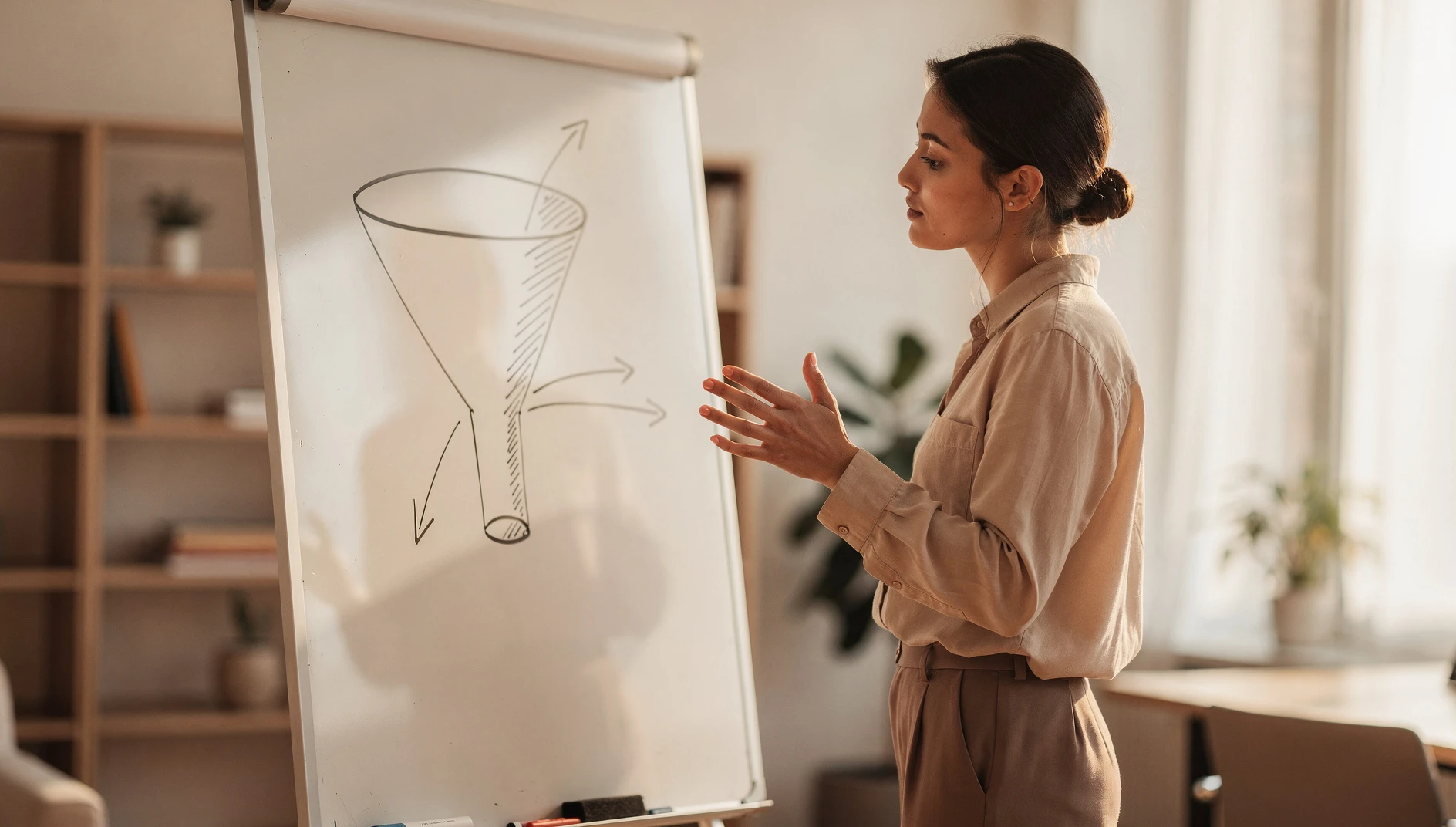 A person reviewing a simple funnel diagram on a whiteboard in a clean modern office with warm ambient light