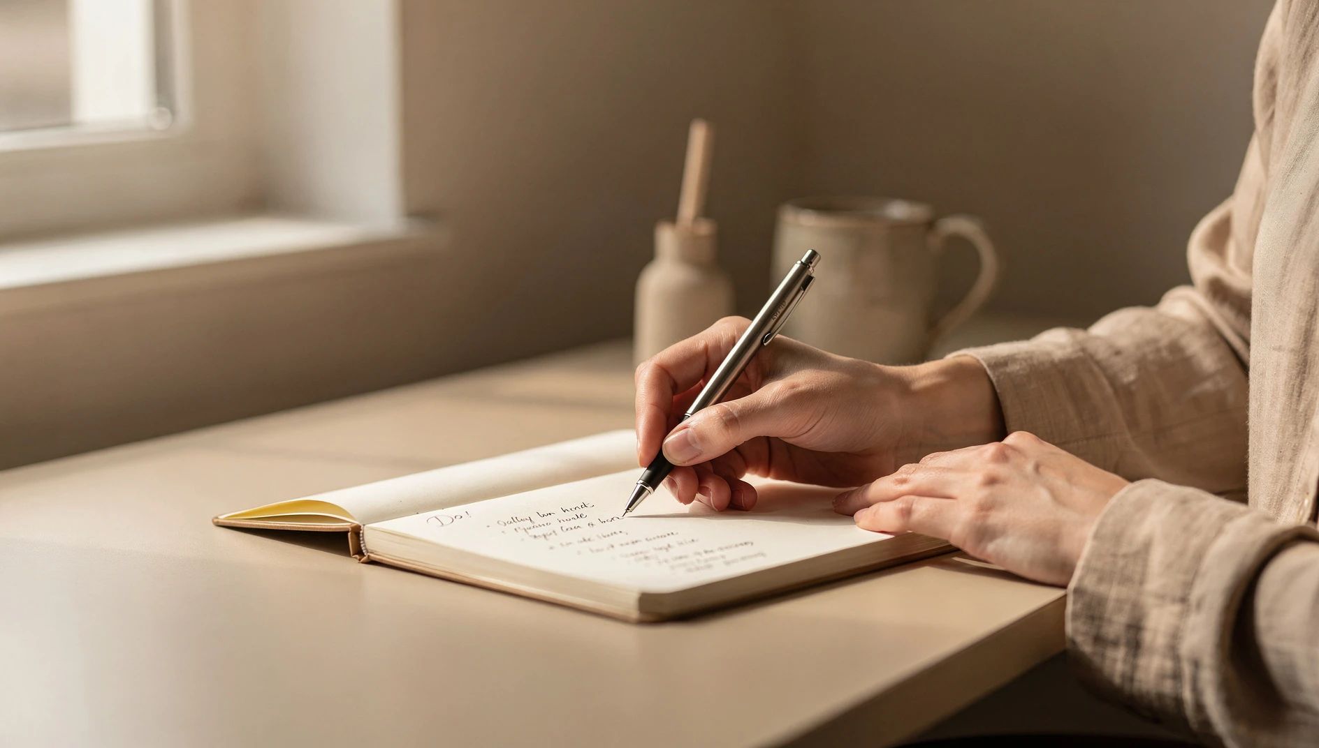 A person writing a small focused to-do list in a notebook at a minimal desk with natural light