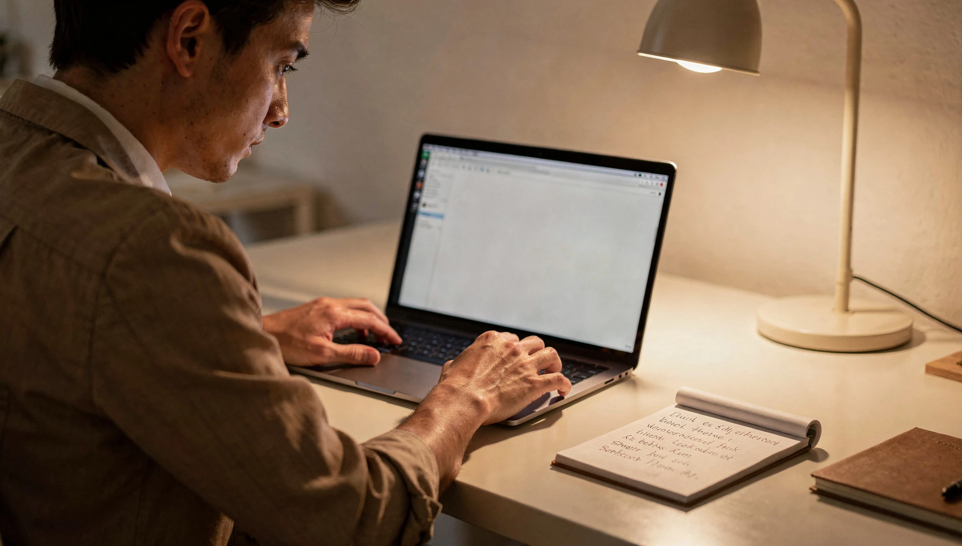A professional reviewing a laptop with a notepad of notes beside them under warm desk lamp light