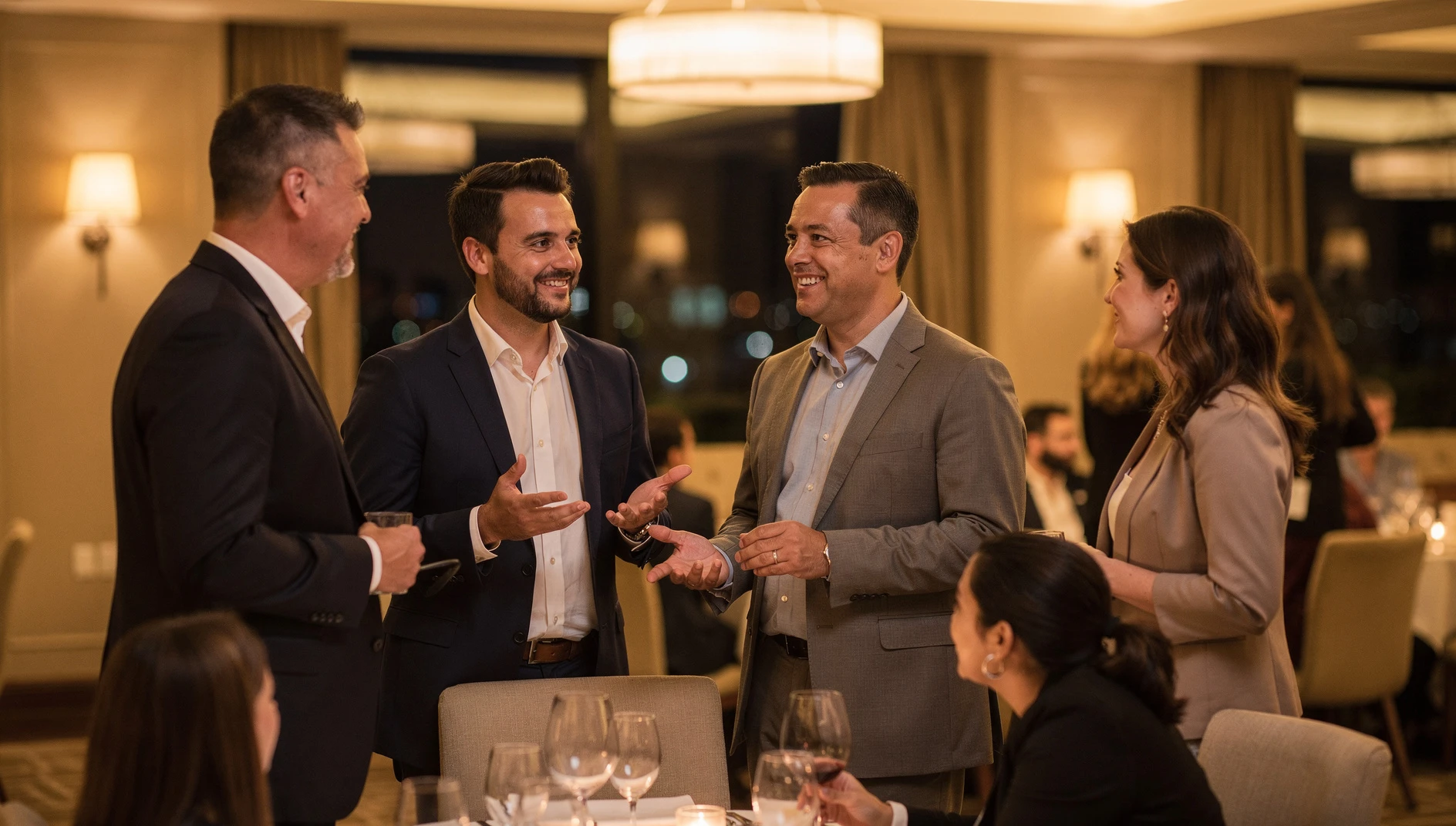 Professionals having relaxed engaged conversations at a networking event with warm lighting and open body language