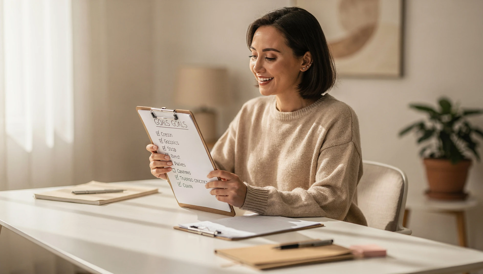 A person reviewing a goal checklist on a clipboard with checked-off items in a bright minimal workspace