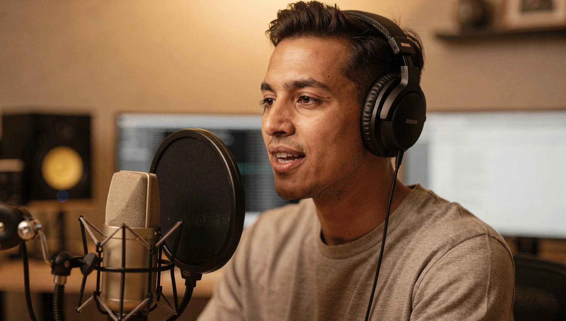 A person speaking confidently into a professional microphone at a home recording setup with warm studio lighting