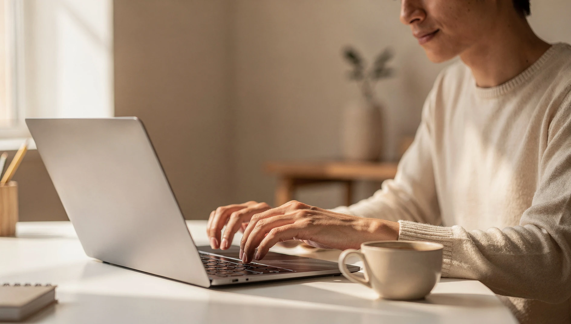 A person typing an email at a clean desk with a laptop and coffee cup in warm natural window light
