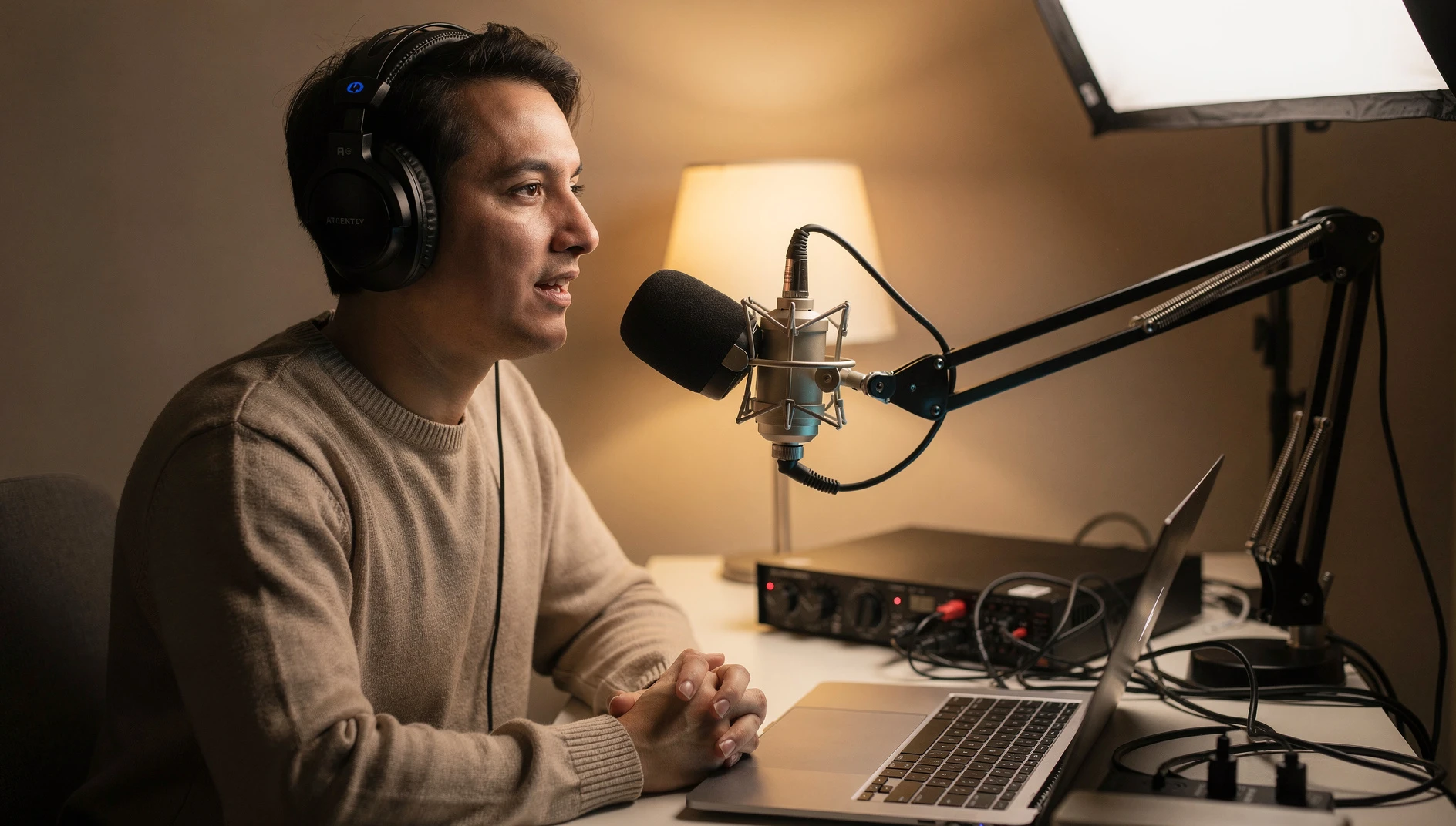 A person speaking into a microphone at a home podcast recording desk with headphones on and warm studio lighting