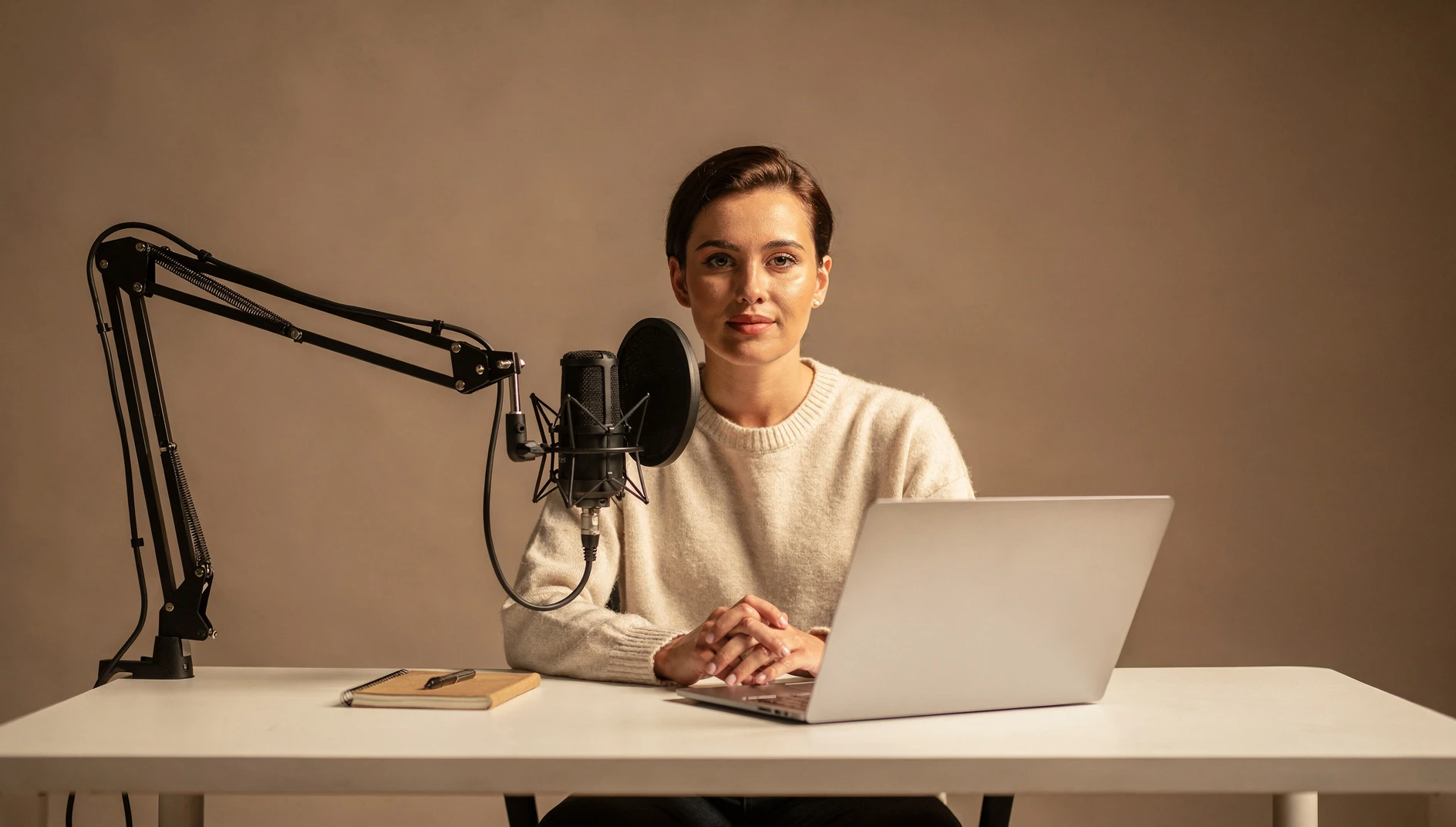 A professional sitting at a desk with a podcast microphone and laptop in warm studio lighting
