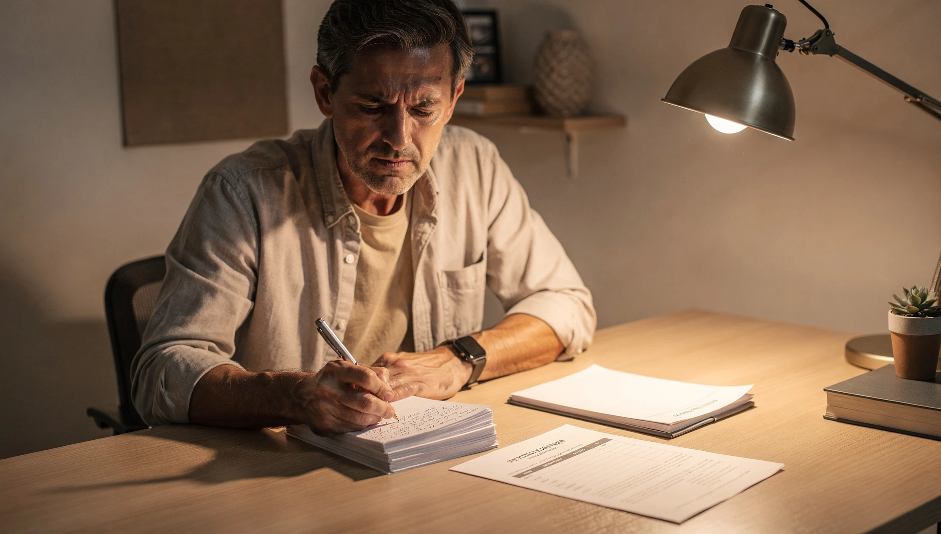 A coach reviewing handwritten notes and a printed assessment form at a desk with soft lamp light