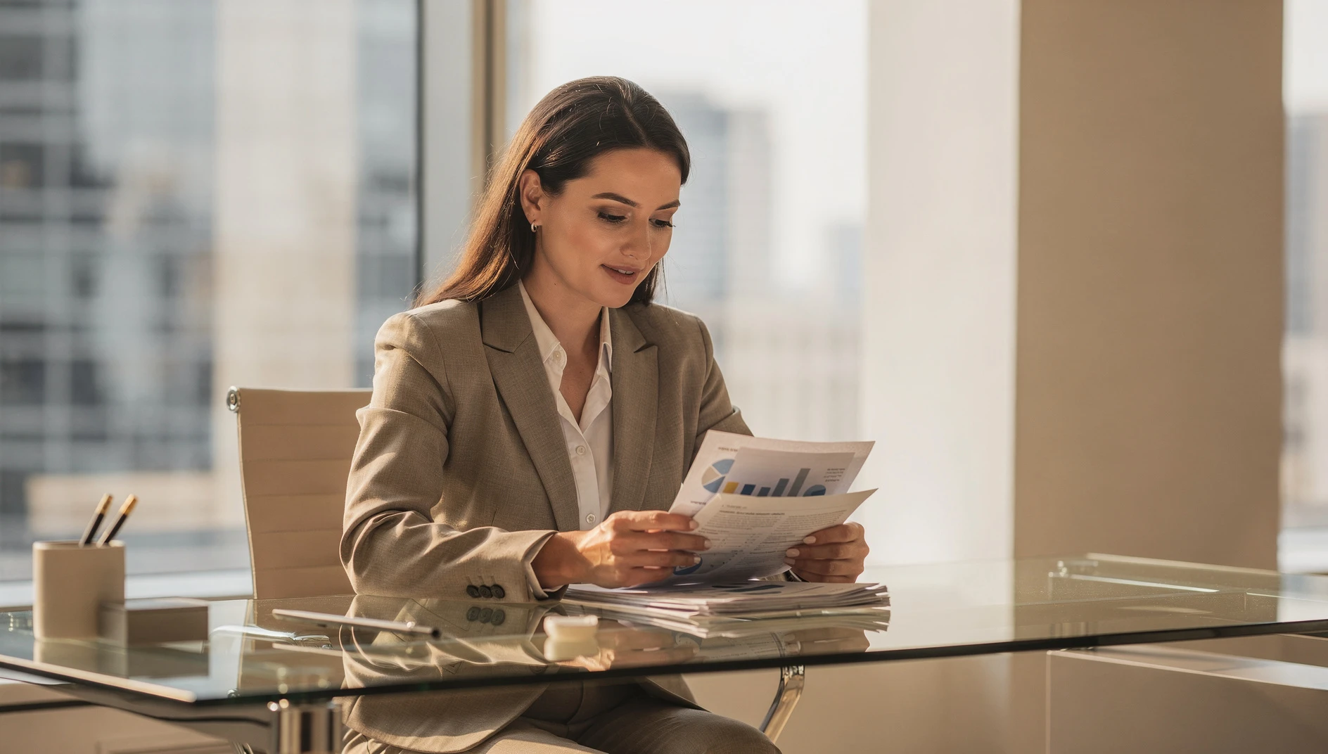 A professional in a sharp blazer reviewing documents at a modern glass desk with a city view