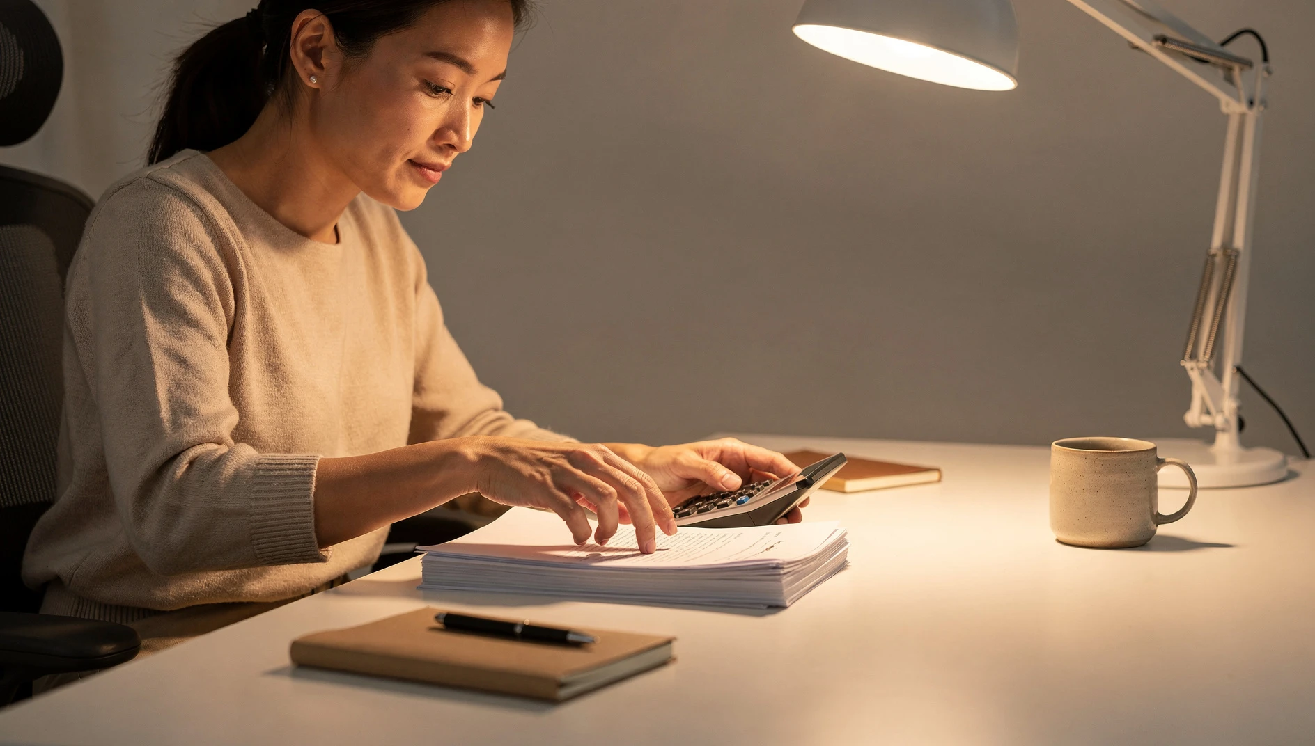 A person organizing papers and using a calculator at a tidy desk in warm desk light