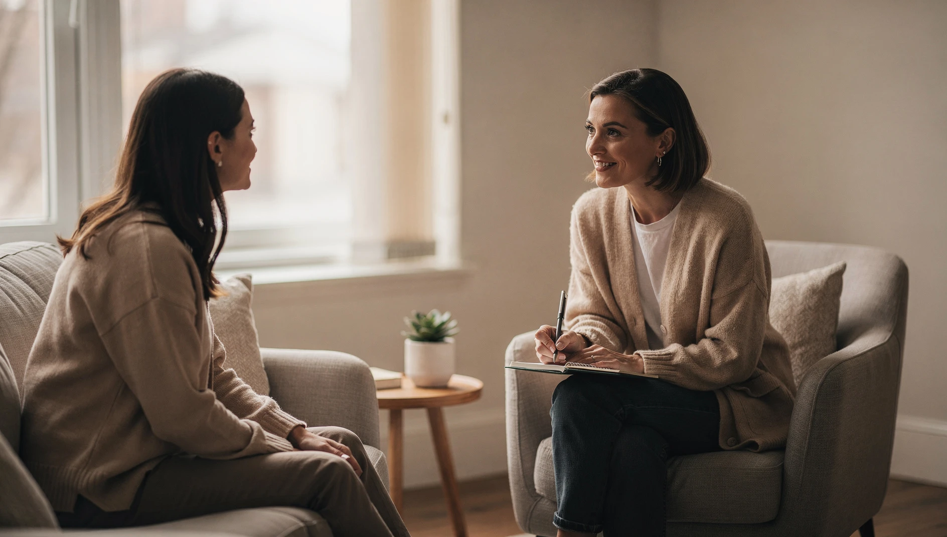 A coach and client in their first meeting with the coach holding a pen ready to take notes in a warm naturally lit room