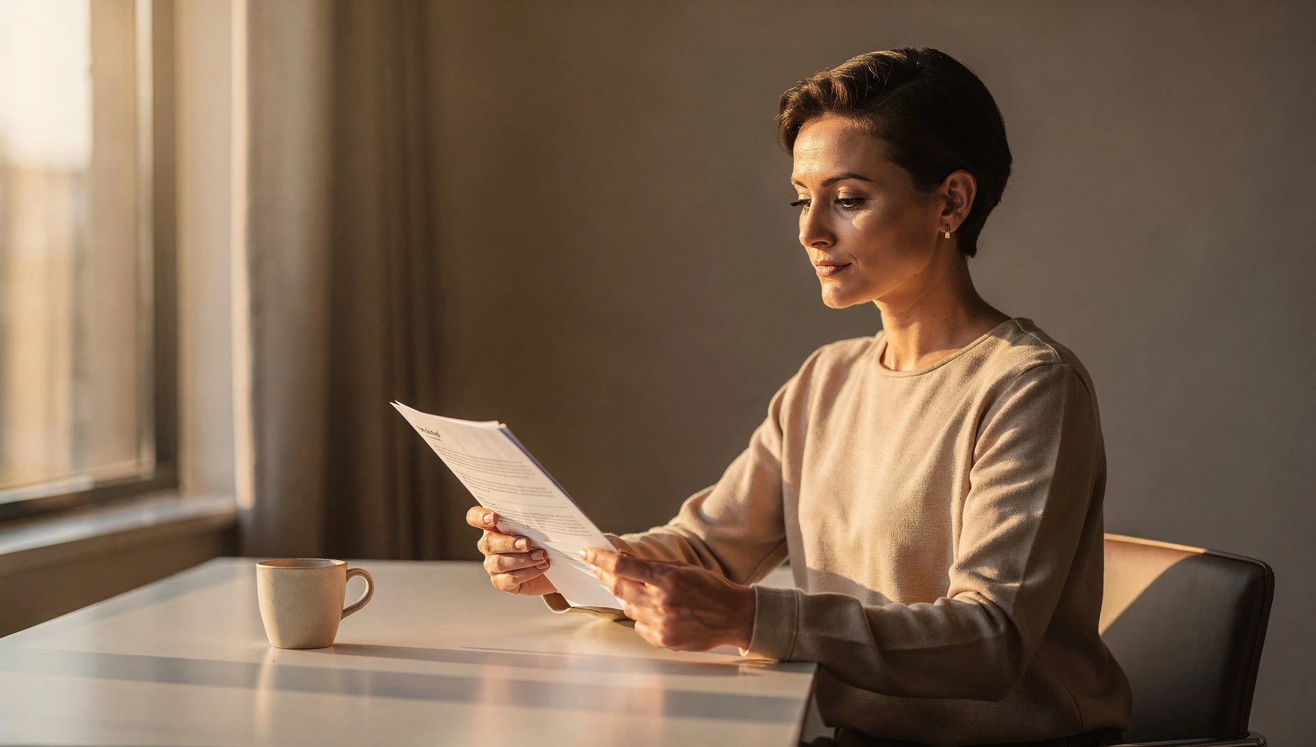 A professional reviewing a document at a desk with coffee in soft morning window light