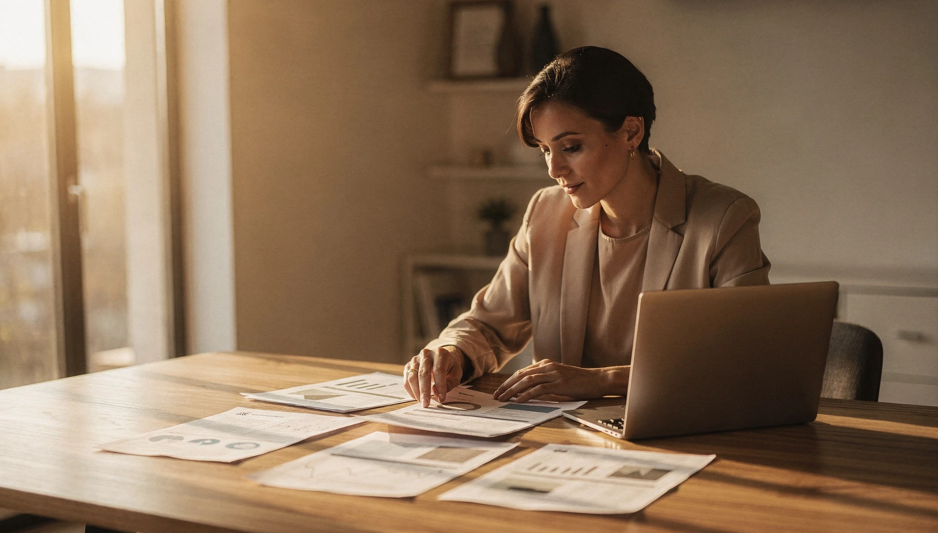 A professional reviewing financial papers and a laptop at a table in a calm and focused setting with morning light through a window