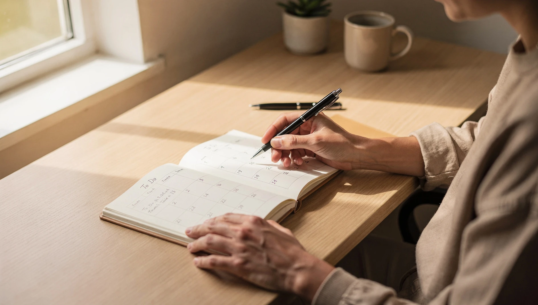 A person reviewing a calendar and notebook at a desk in soft natural window light