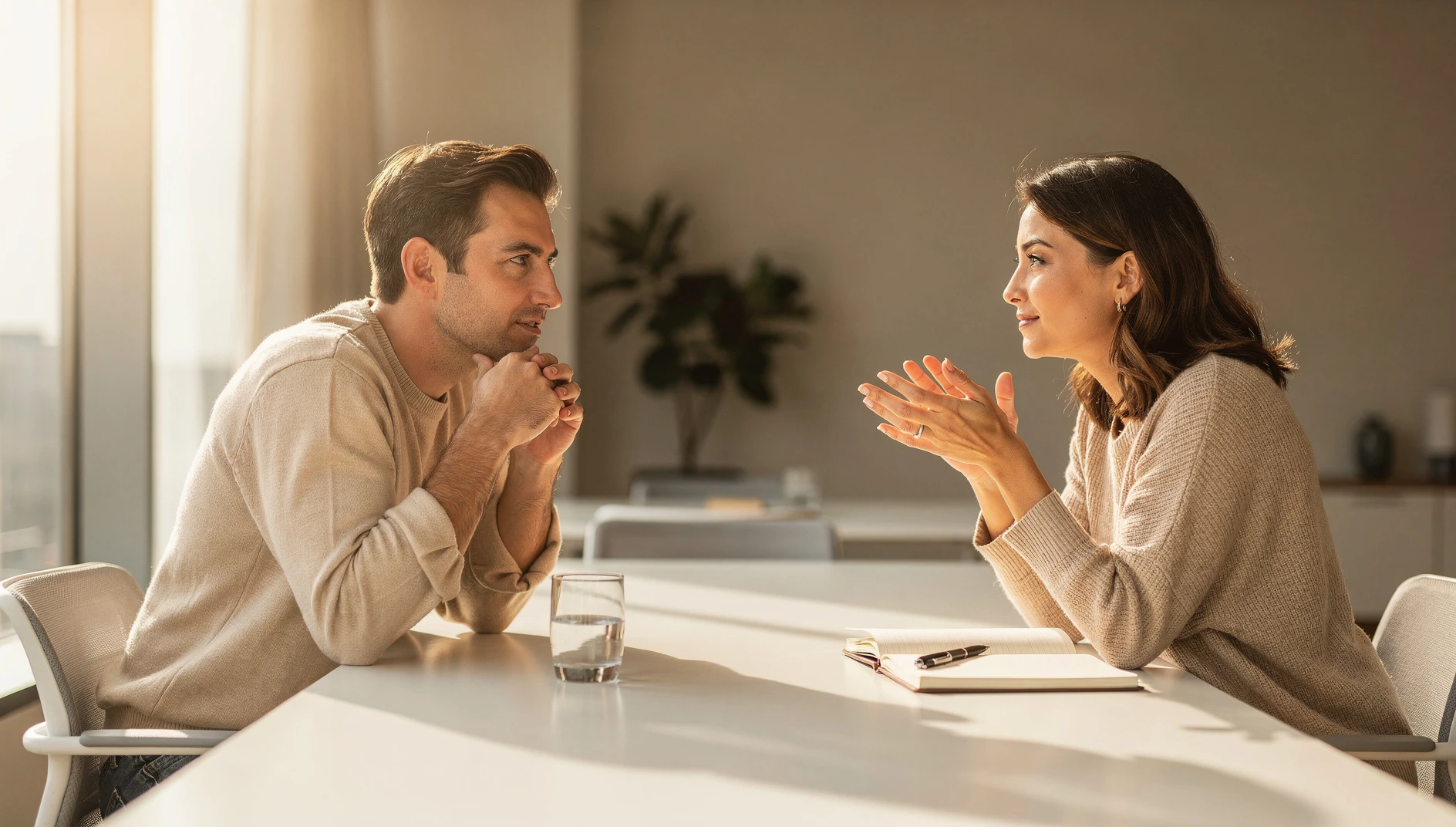 A coach and client in engaged thoughtful conversation at a bright modern table with warm natural light