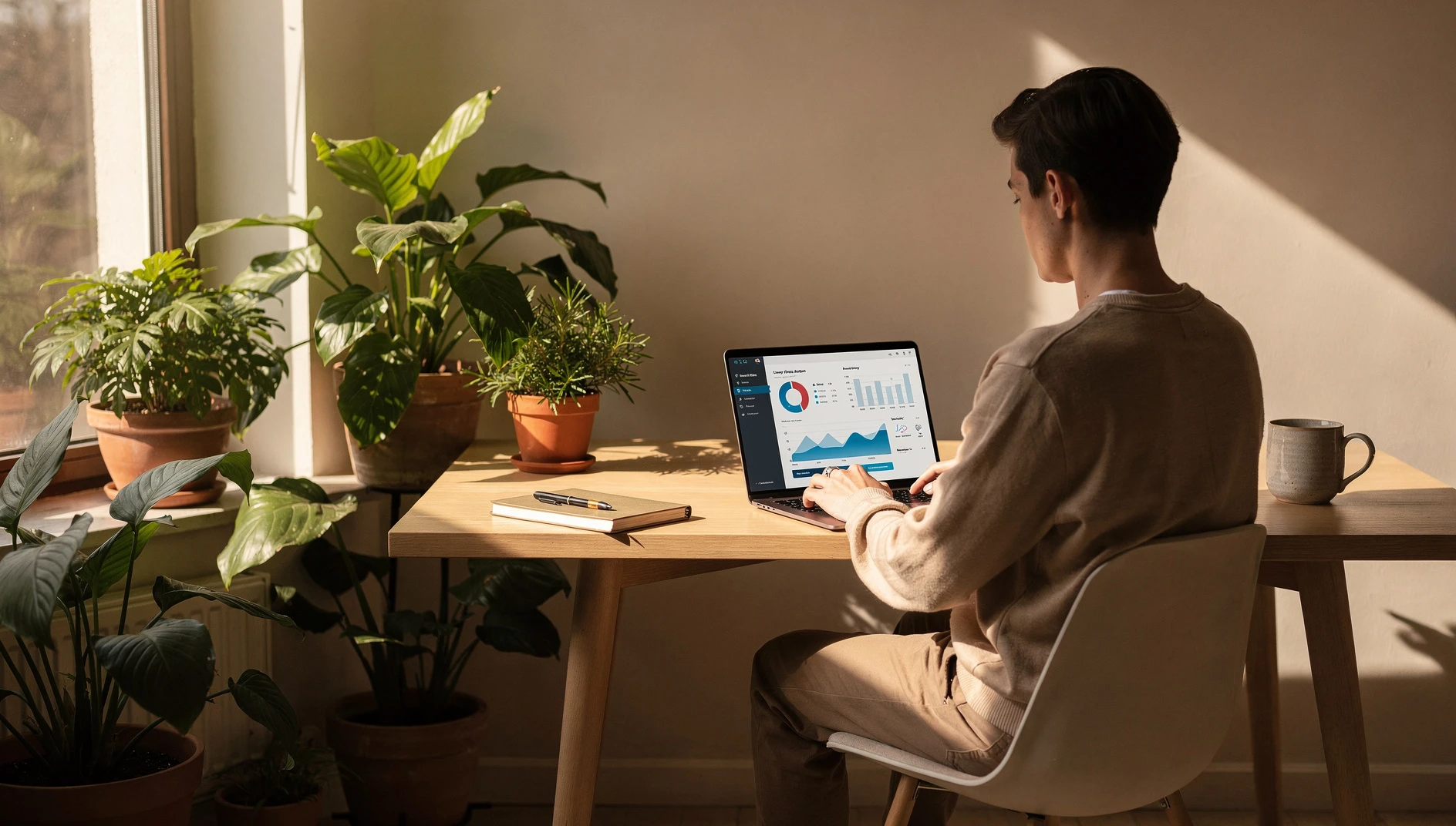 A person reviewing website analytics on a laptop at a modern home desk surrounded by plants in warm natural light
