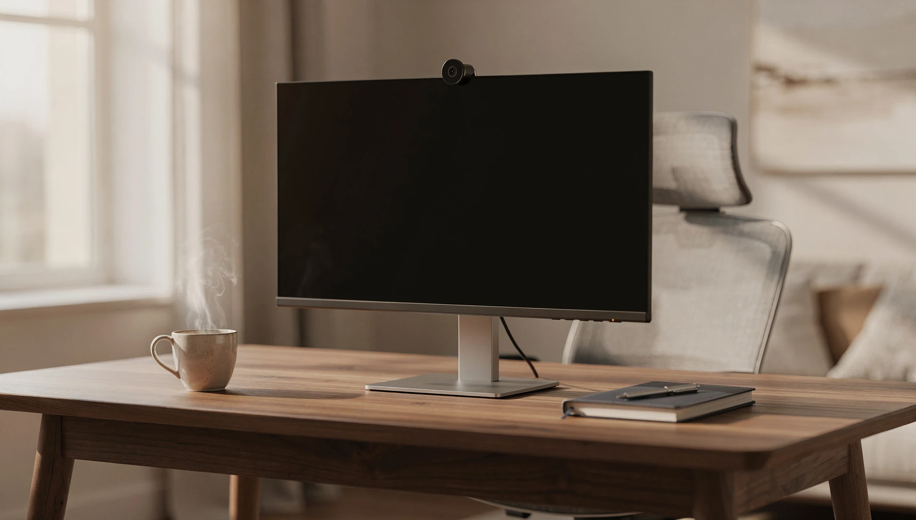 A clean home office setup with a monitor, webcam, notebook, and coffee cup on a tidy desk in soft daylight