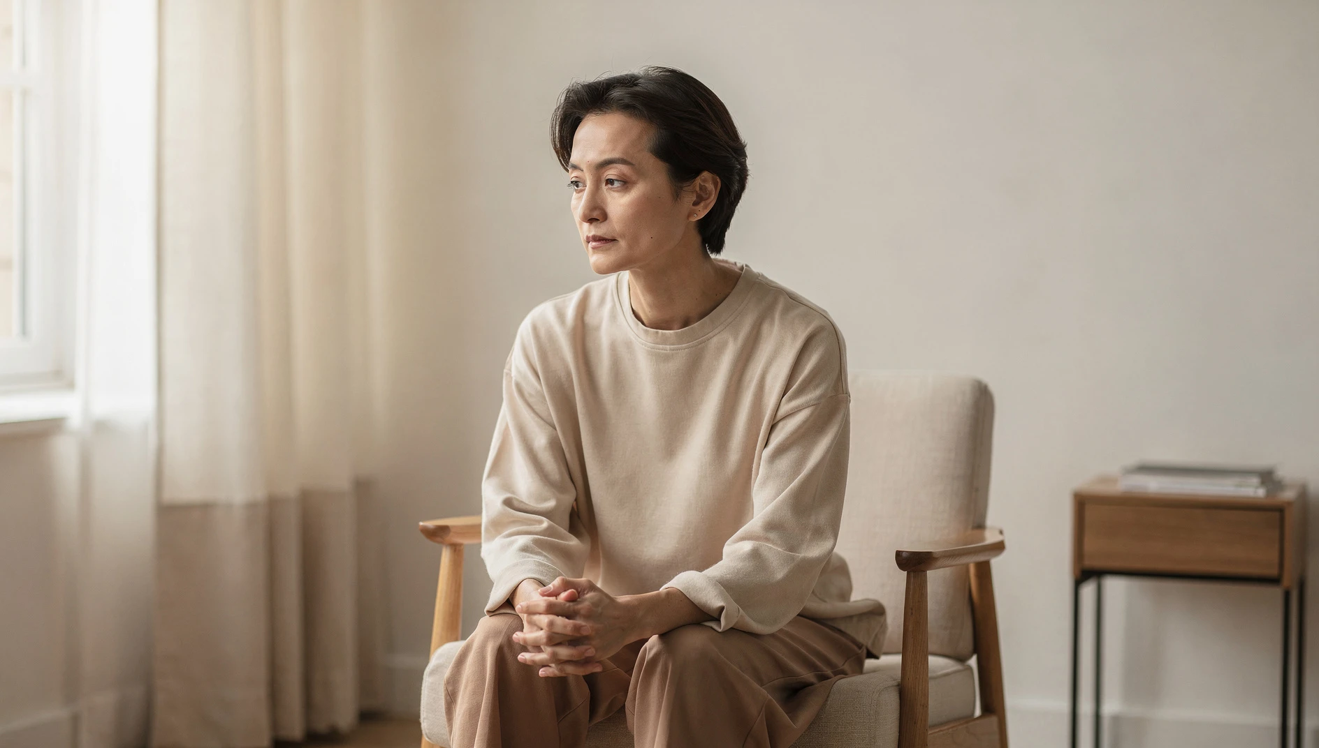 A person sitting quietly and thoughtfully in a bright minimal room with soft natural light