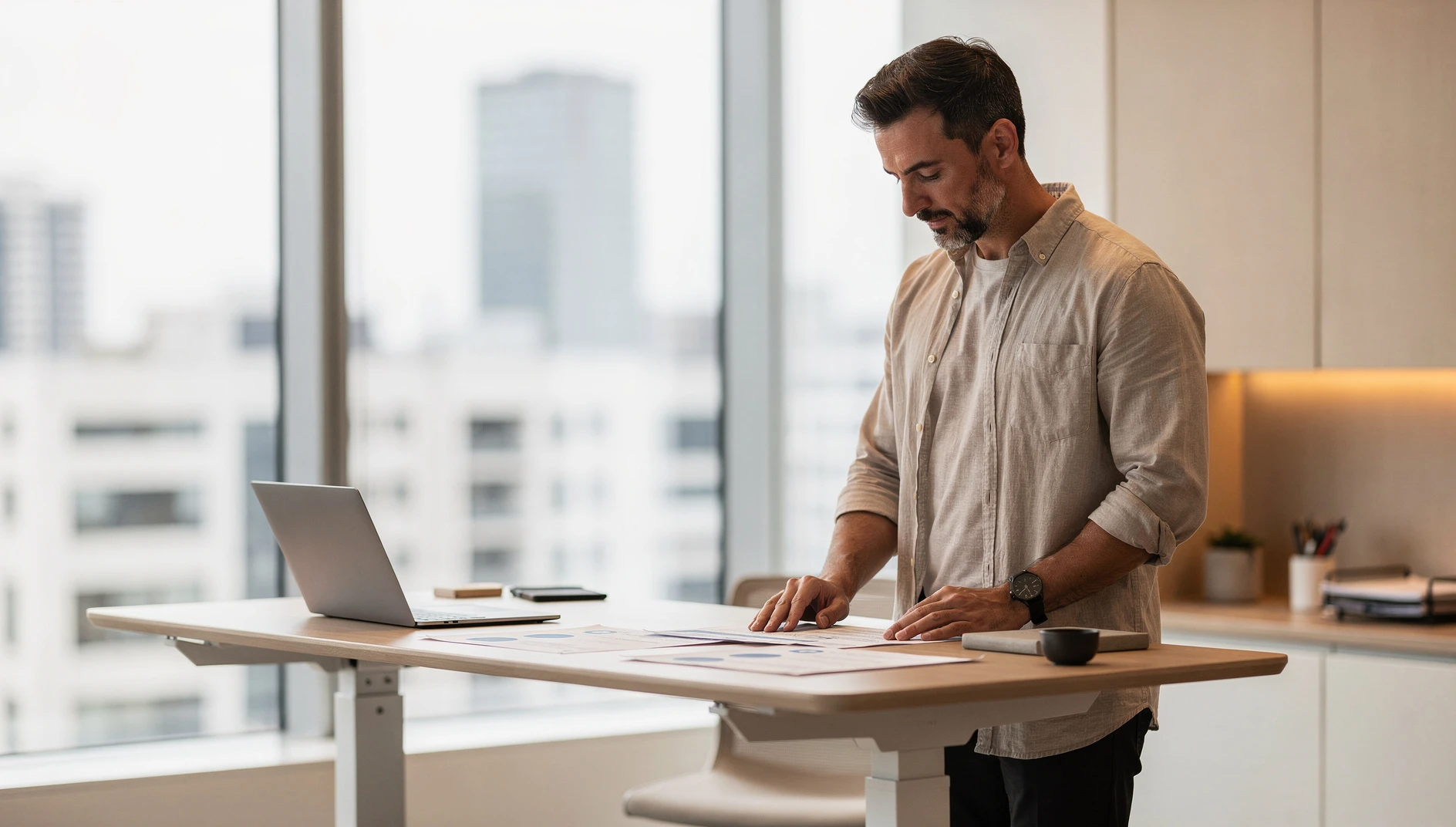 A confident professional reviewing documents at a standing desk in a bright modern office with large windows