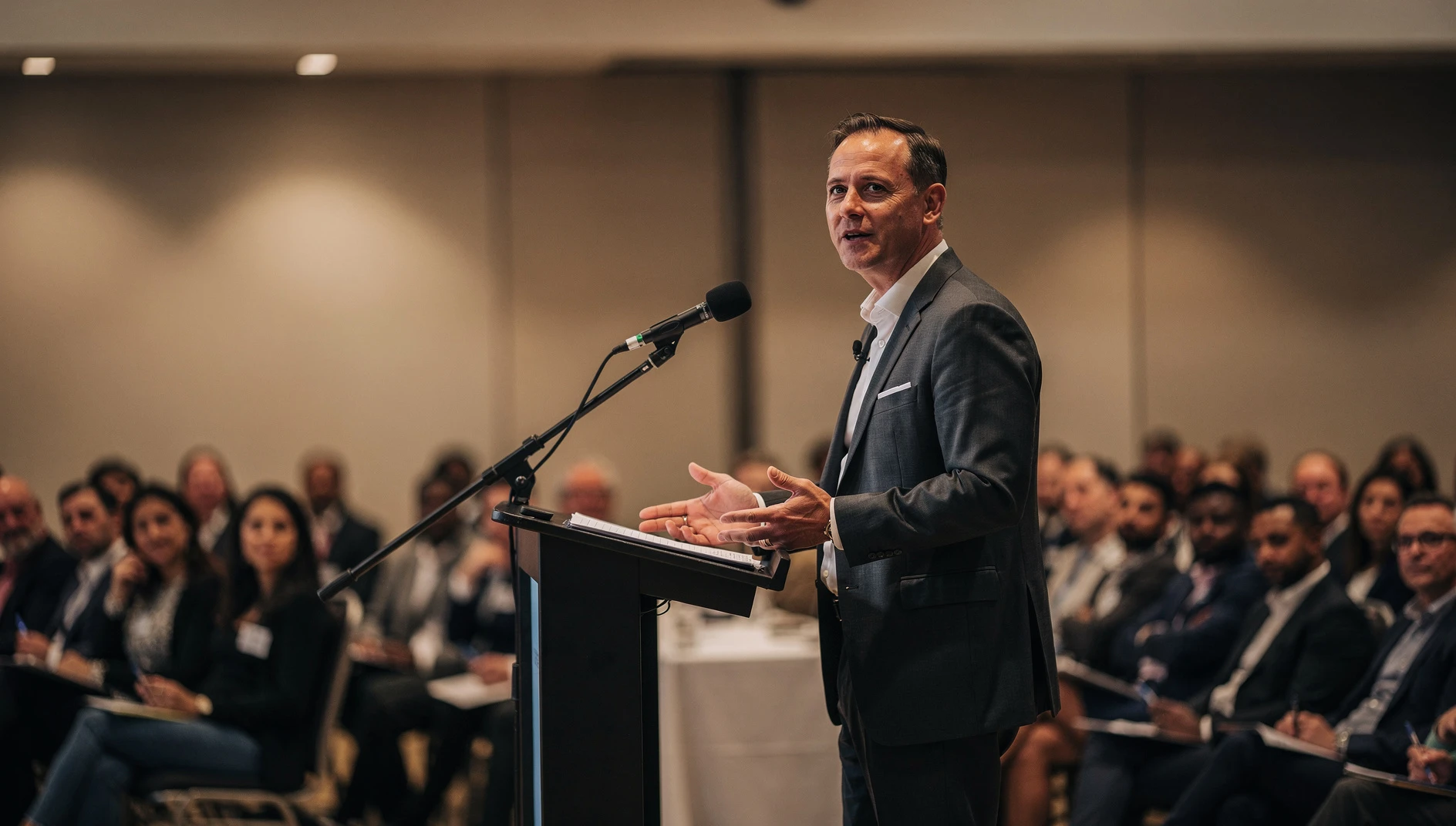 A speaker standing confidently at a microphone at a professional conference with warm spotlighting