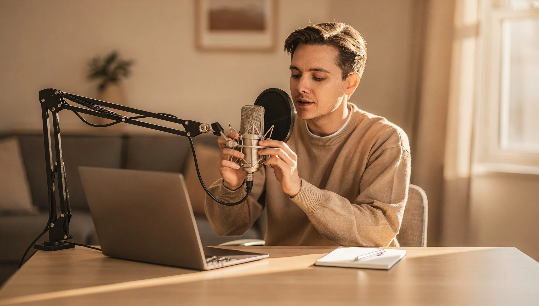 A professional setting up a microphone at a home desk with a laptop and notebook in warm window light