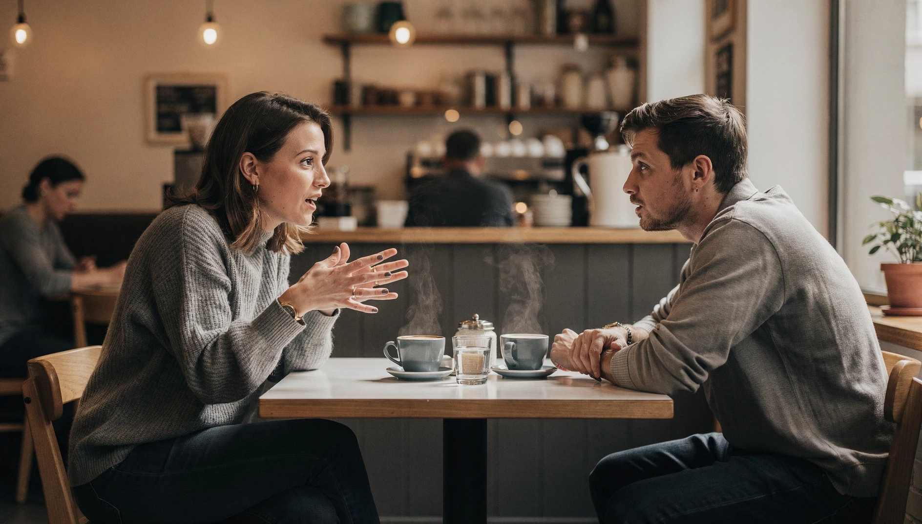 Two people in an engaged conversation at a cafe table with coffee, one person leaning forward and listening intently