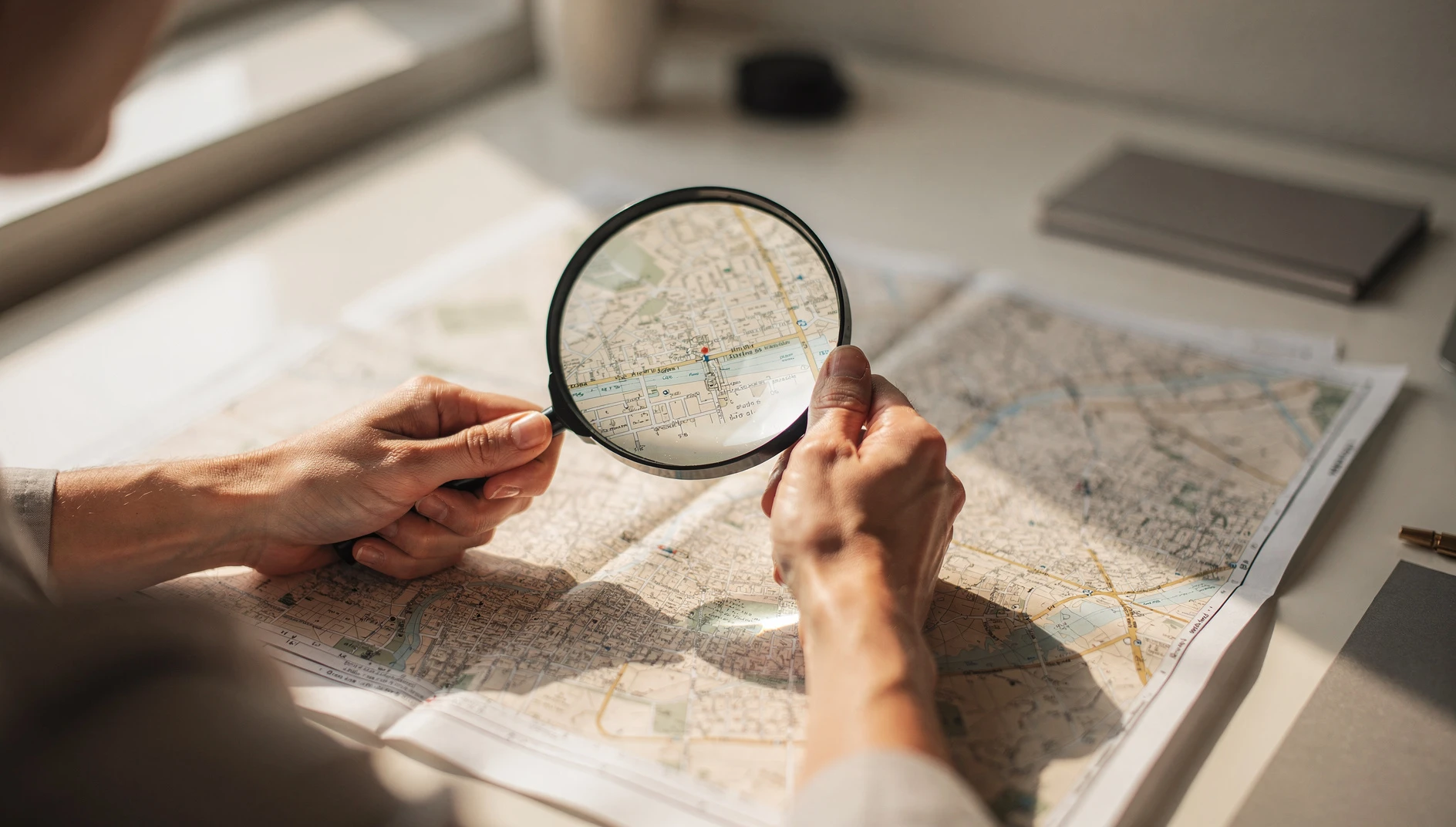 A person using a magnifying glass over a map focused on a specific area in bright natural light