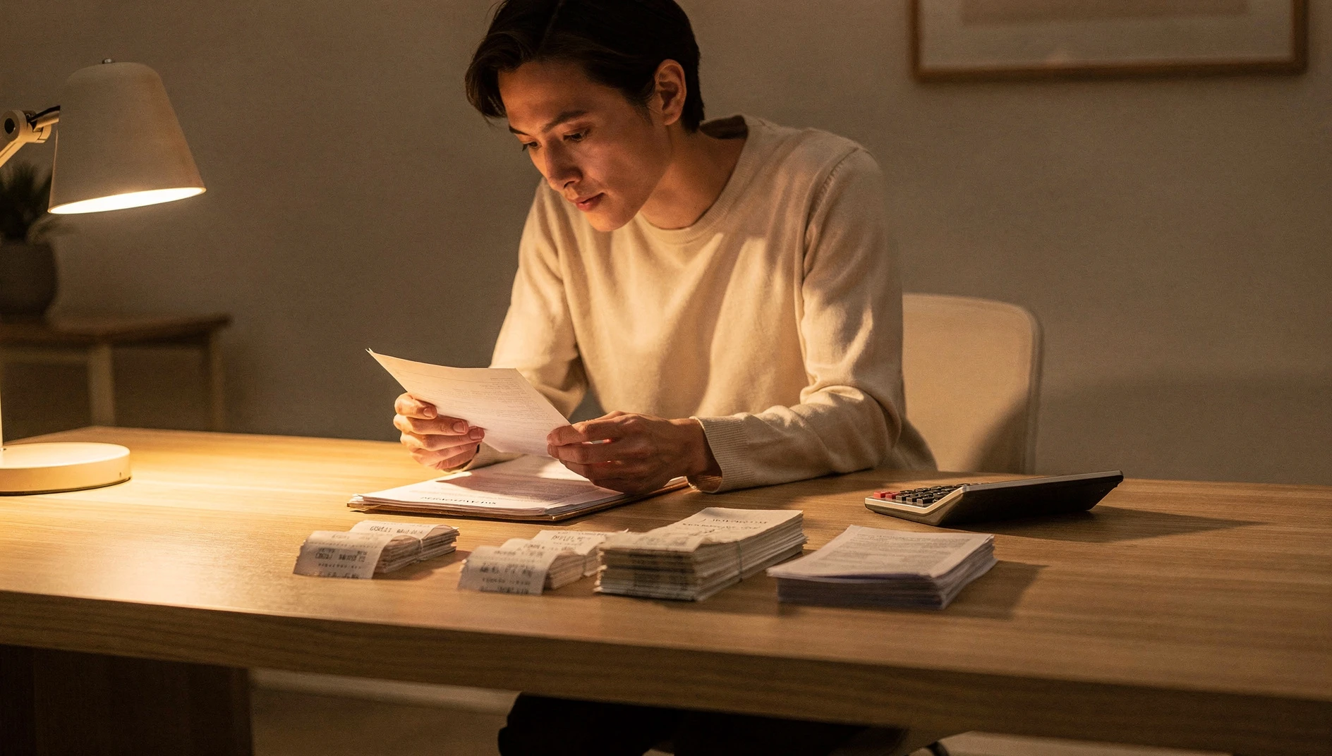 A person reviewing paperwork and receipts at a desk with a calculator in warm lamp light