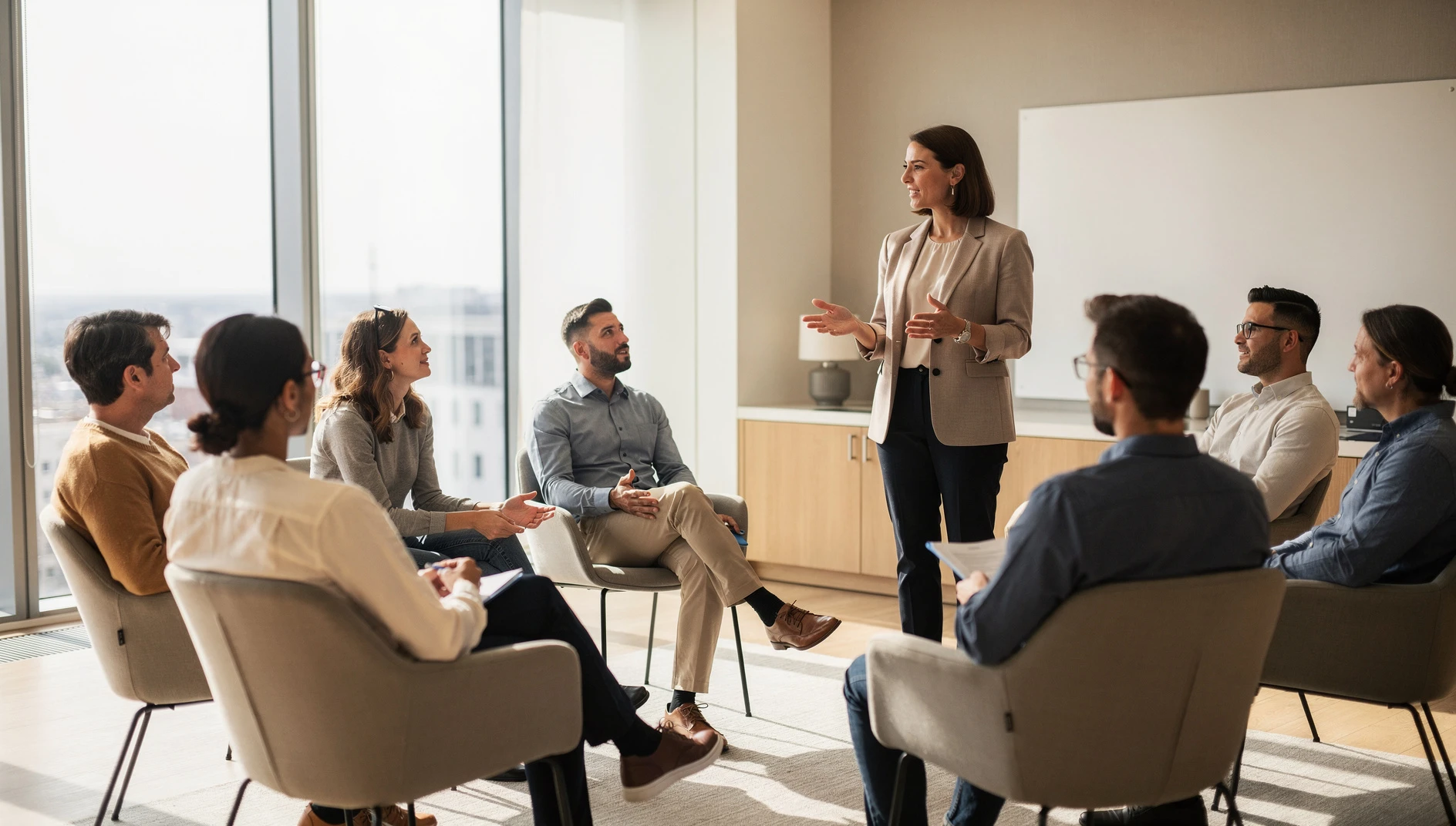 A facilitator standing at the front of a small group in a modern bright meeting room with people seated in a circle