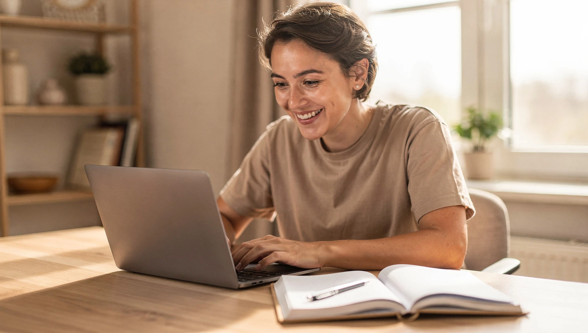 A person on a video call on a laptop in a bright home office with a notebook open and warm natural light