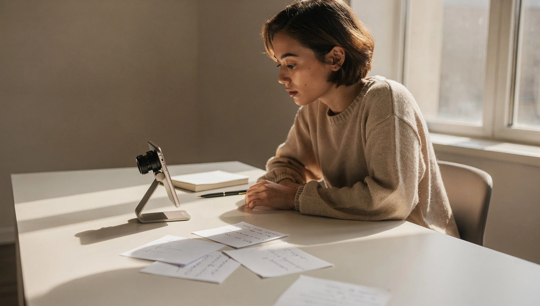 A person reviewing handwritten notes at a desk with a smartphone on a stand in soft natural window light