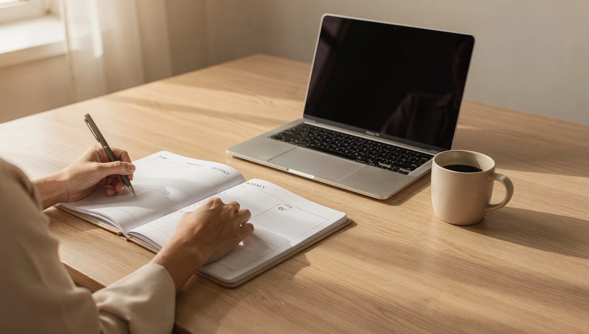 A professional writing in a weekly planner at a wooden desk with a laptop and coffee in soft morning window light