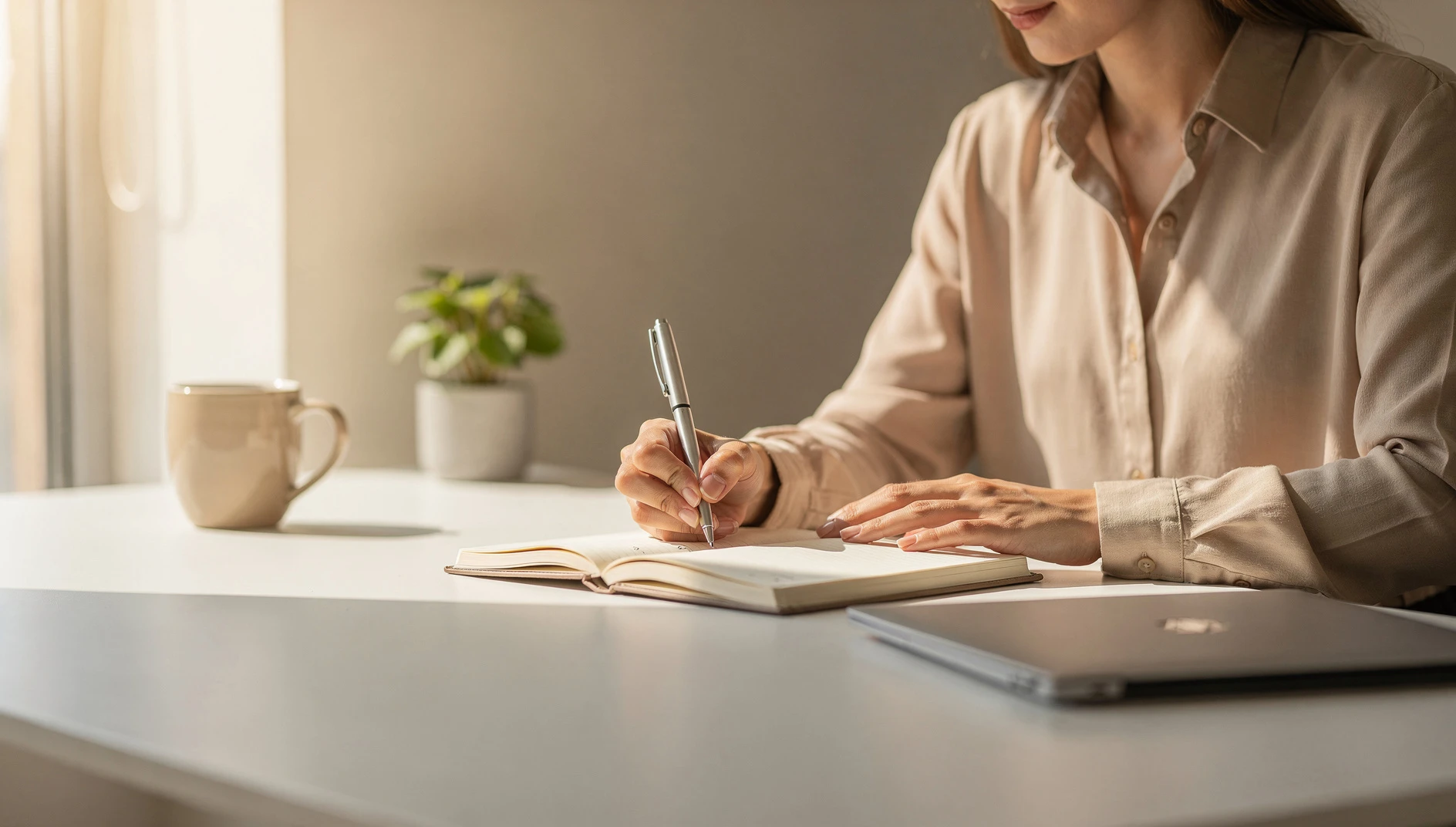 A professional writing in a notebook at a bright modern desk in warm natural light
