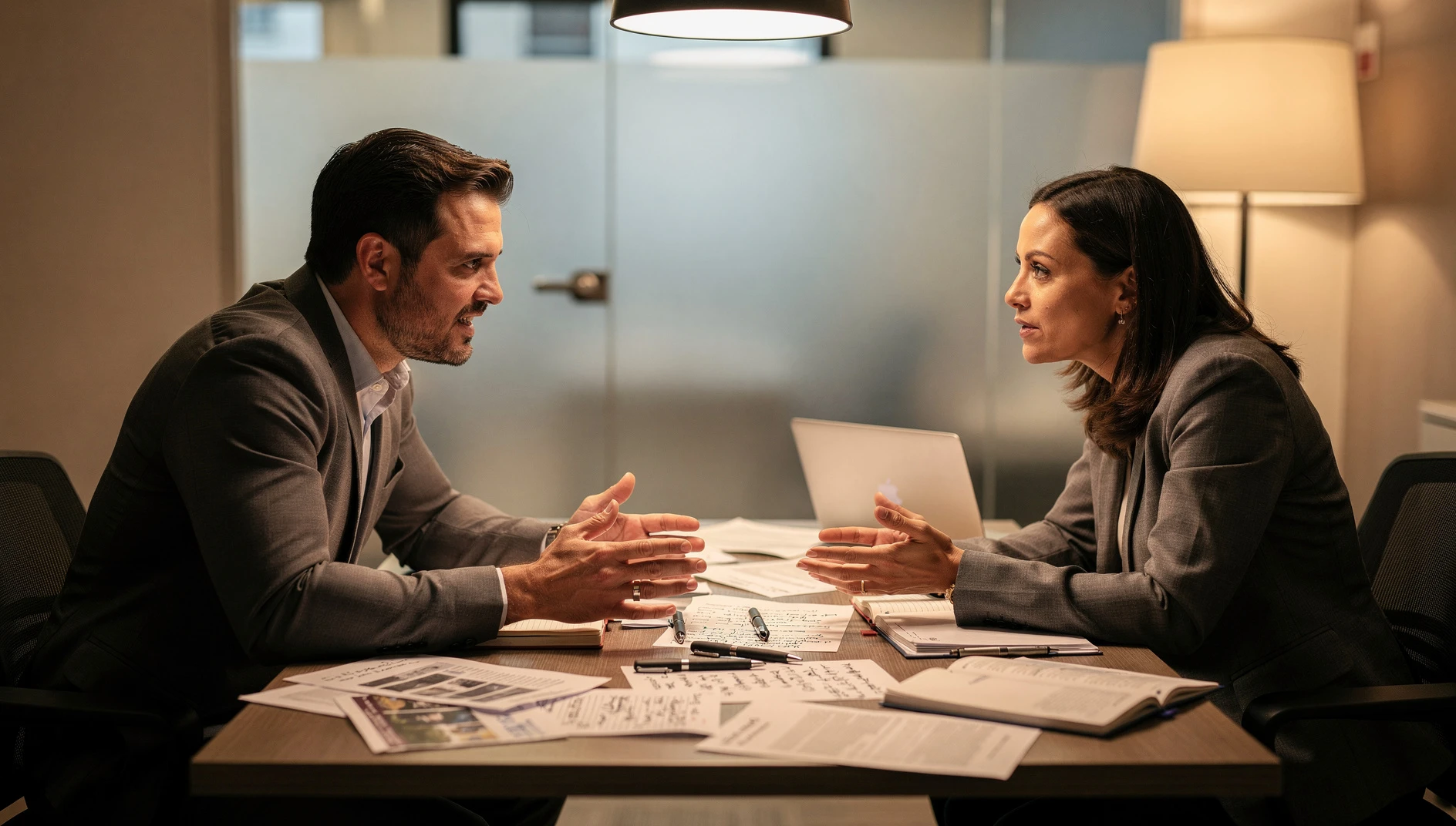 A coach and client working intensively at a table covered in notes in a private meeting room with warm light