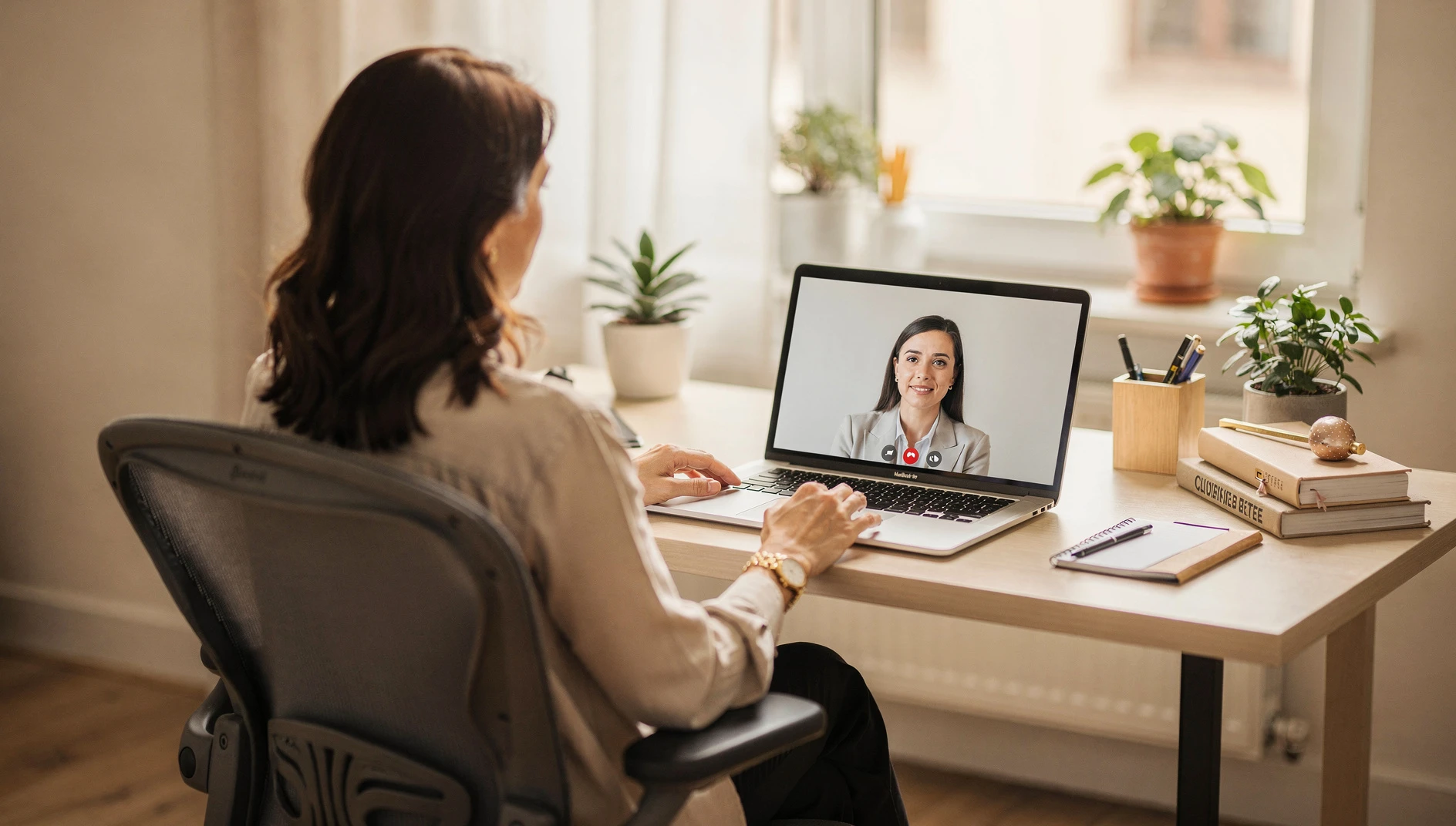 A coach on a video call with a client visible on a laptop screen in a professional home office