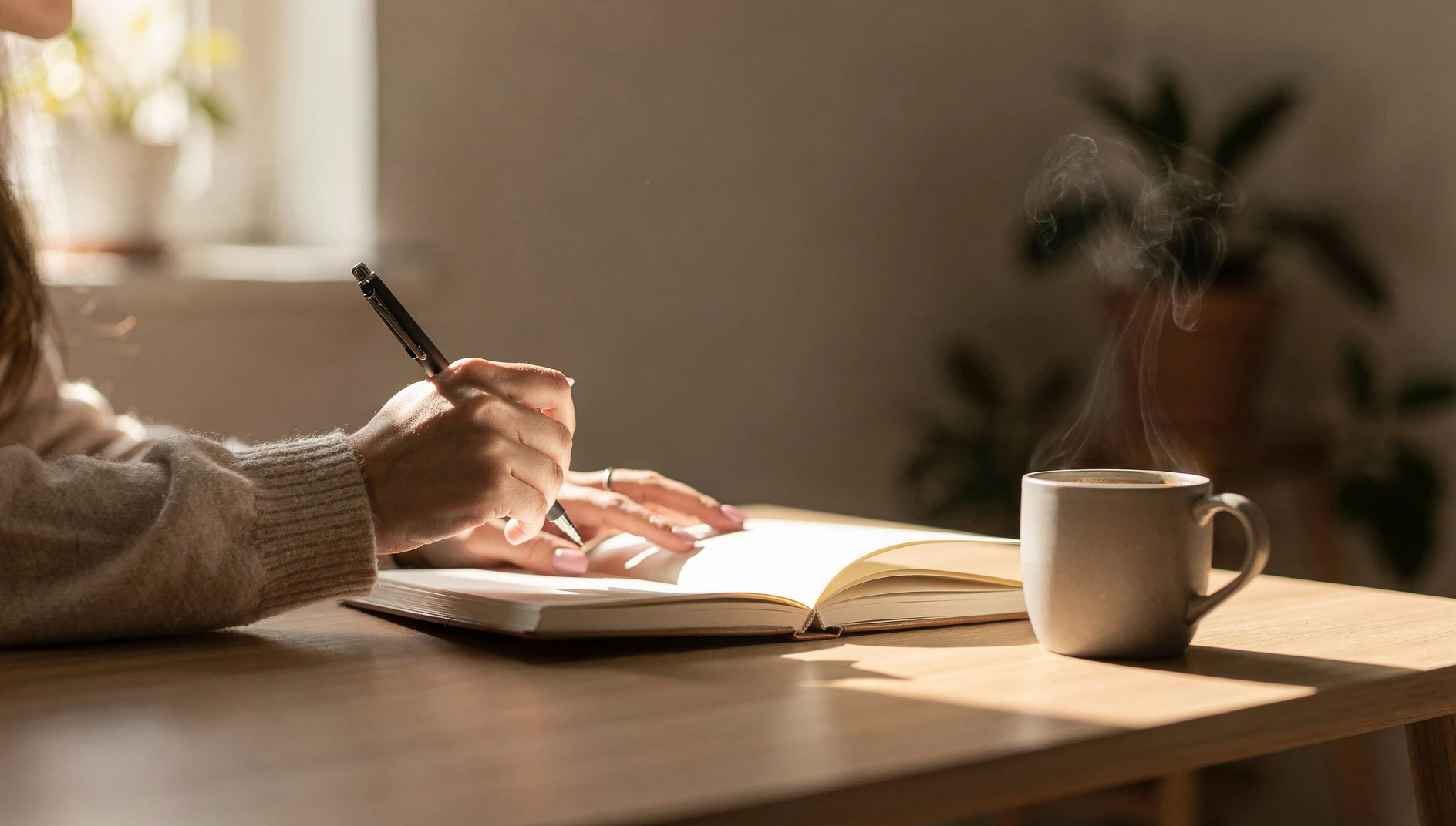 A person writing thoughtfully in a journal at a bright desk with morning light and coffee nearby