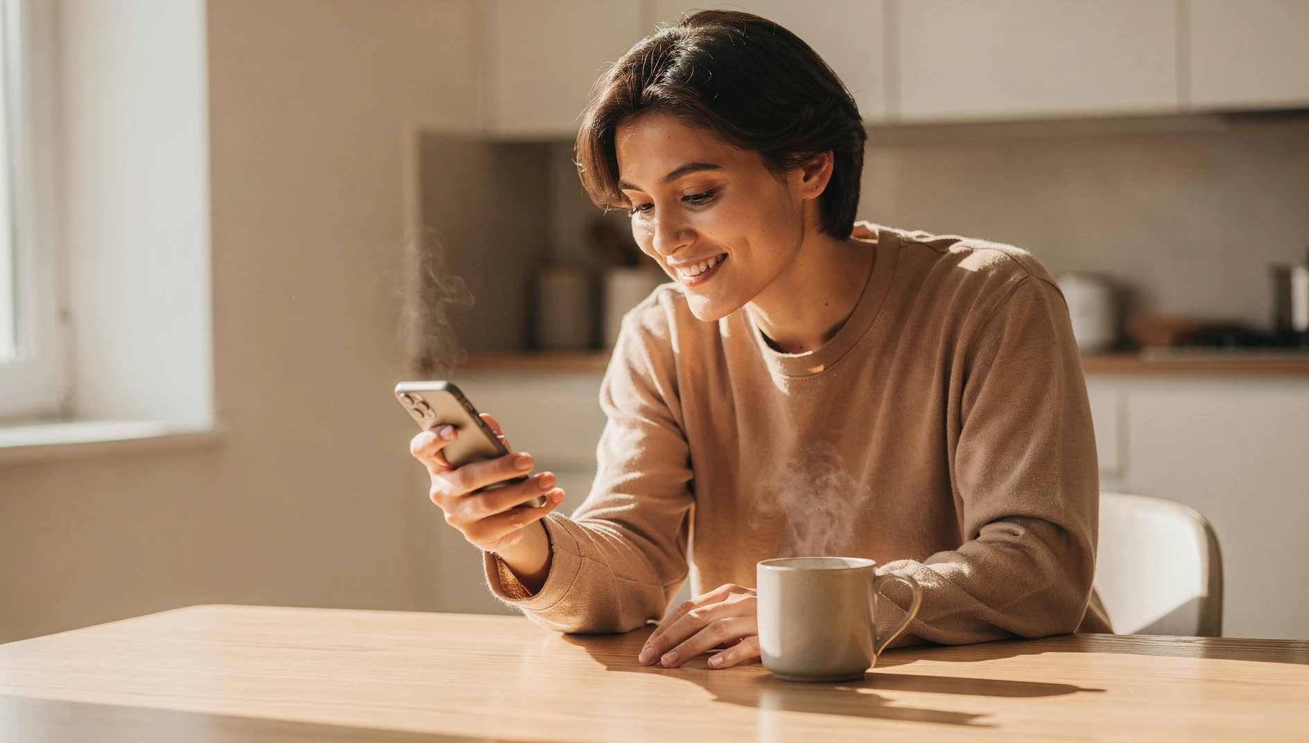 A person reading an email on their phone at a bright kitchen table with morning coffee