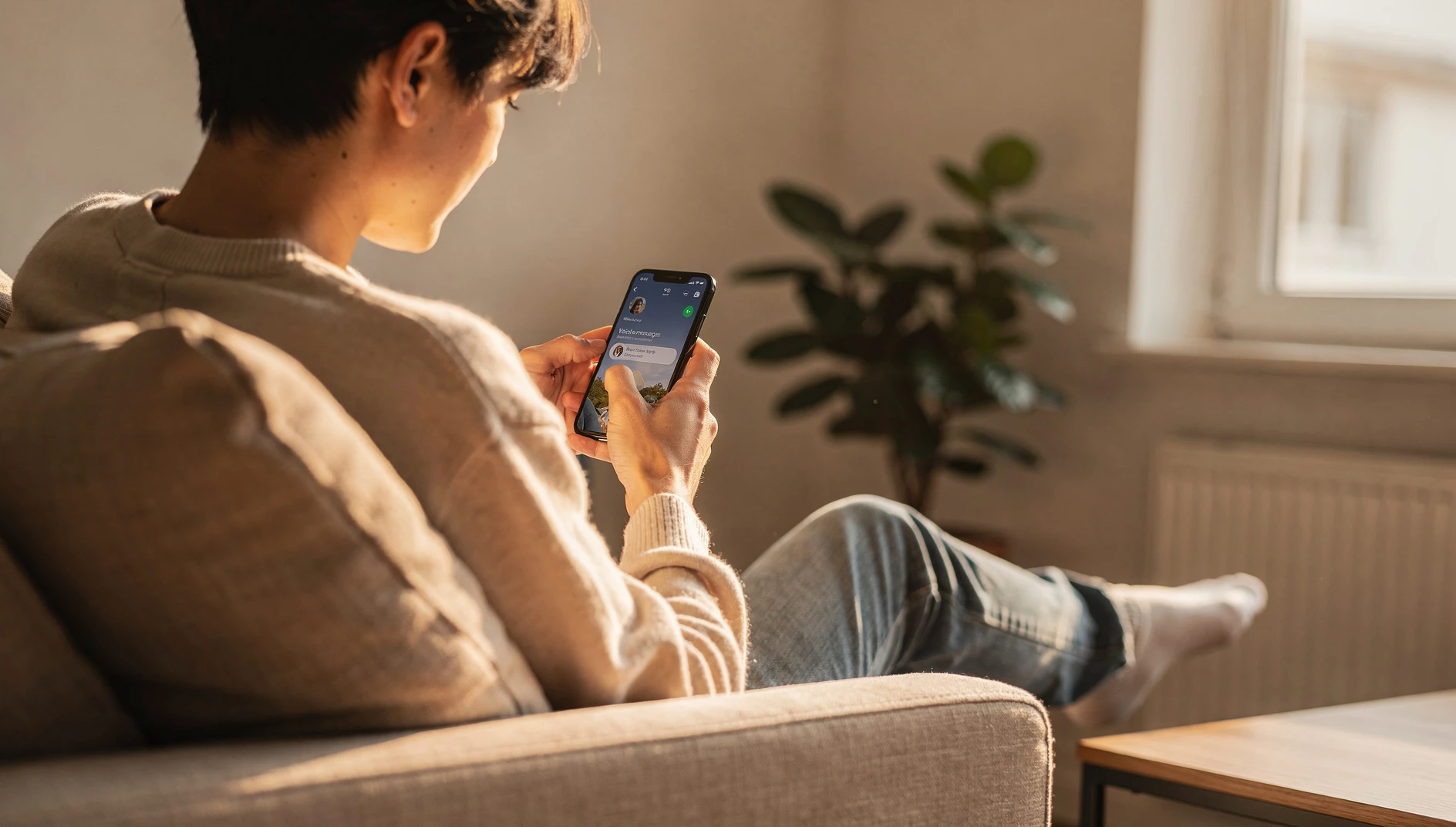 A person reviewing voice messages on a smartphone in a relaxed home setting with natural light