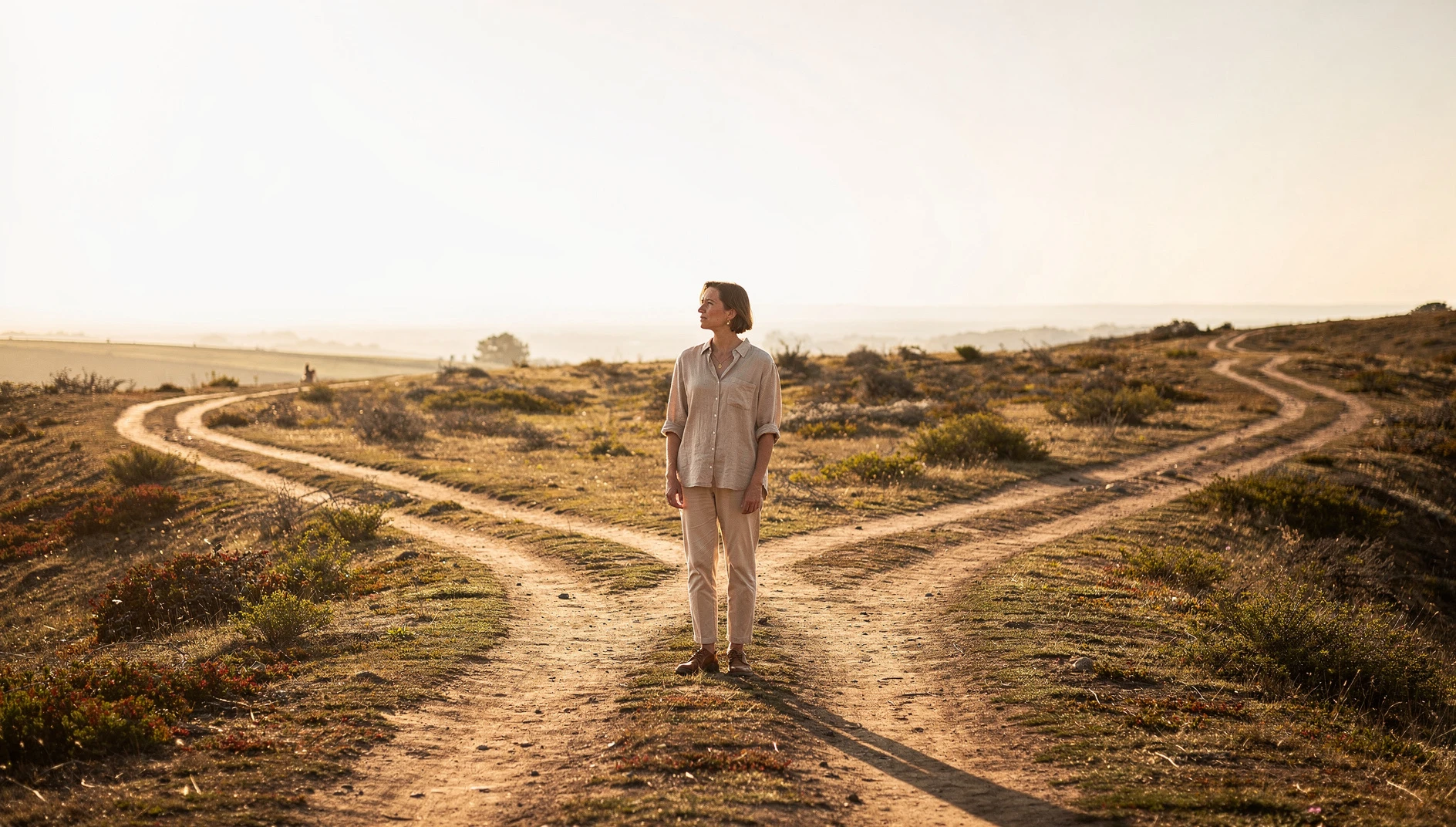 A person standing at a crossroads on a bright open path looking forward in warm daylight