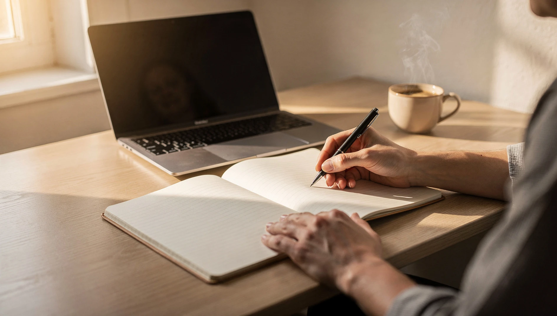 A person writing at a clean desk with a laptop and notebook in warm morning light