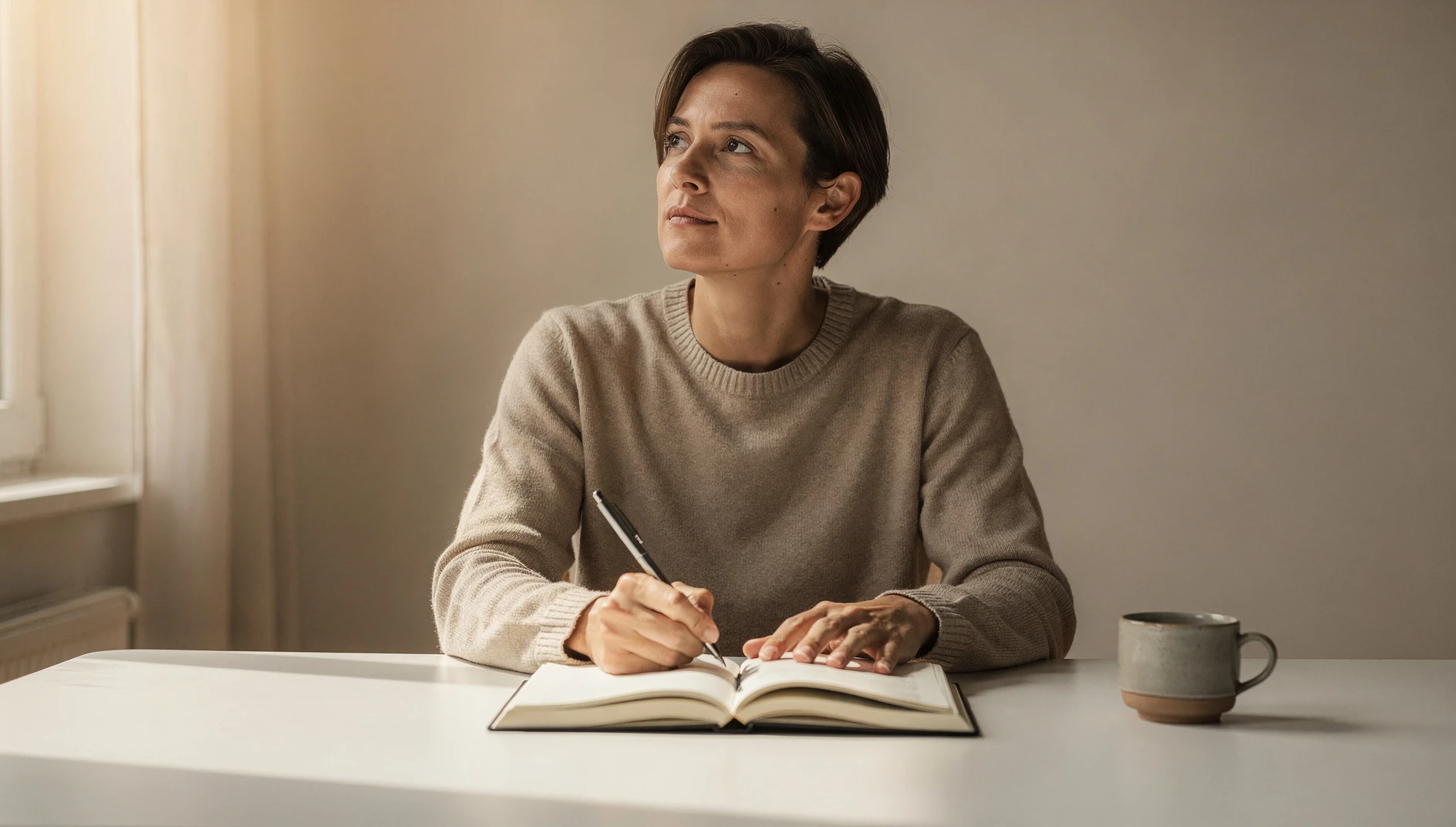 A person thinking with a pen and open notebook at a bright minimal desk in warm window light