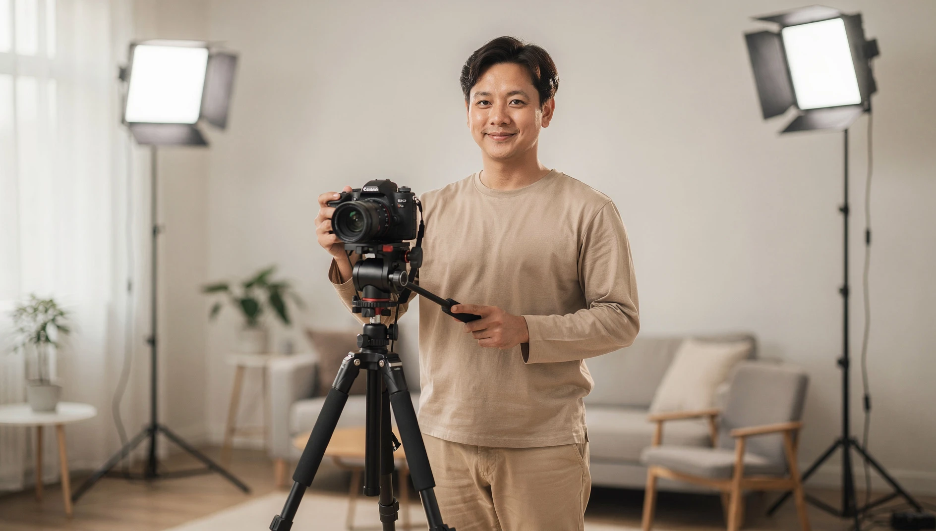 A person recording a video at a camera on a tripod in a bright minimalist home studio with warm lighting