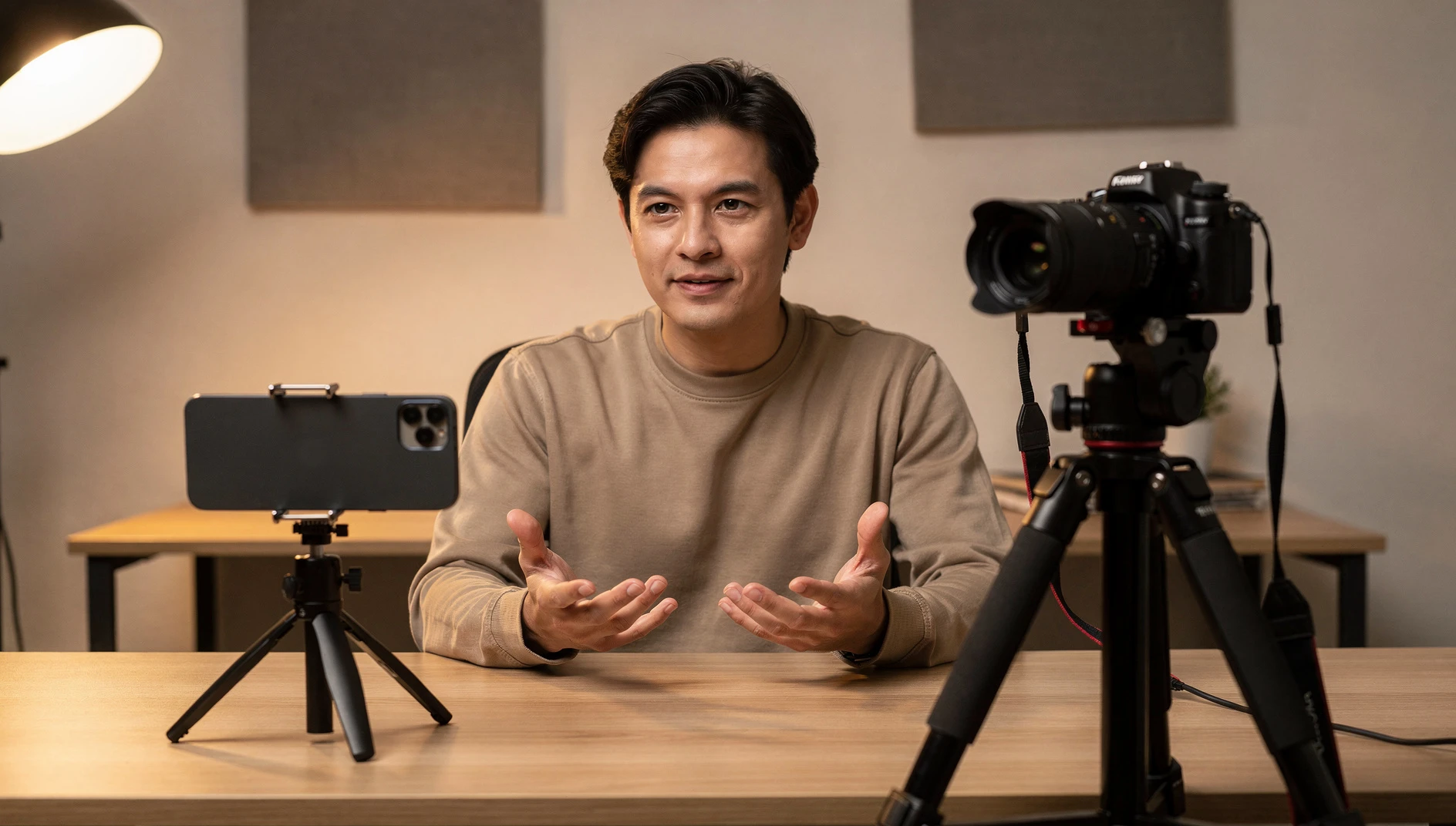A person at a home recording setup with both a phone tripod and a larger camera on a desk under warm studio lighting